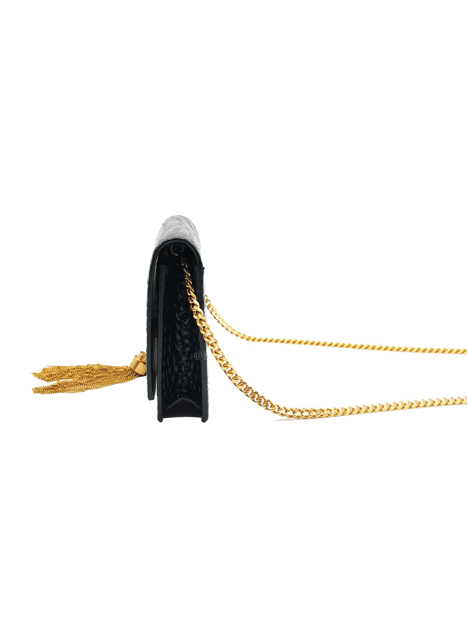 Kate Tassel Bag in Black Croc-Embossed Leather & Gold Hardware