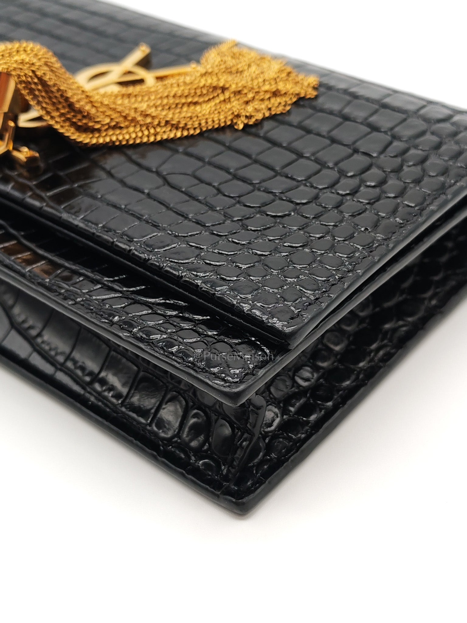 Kate Tassel Bag in Black Croc-Embossed Leather & Gold Hardware