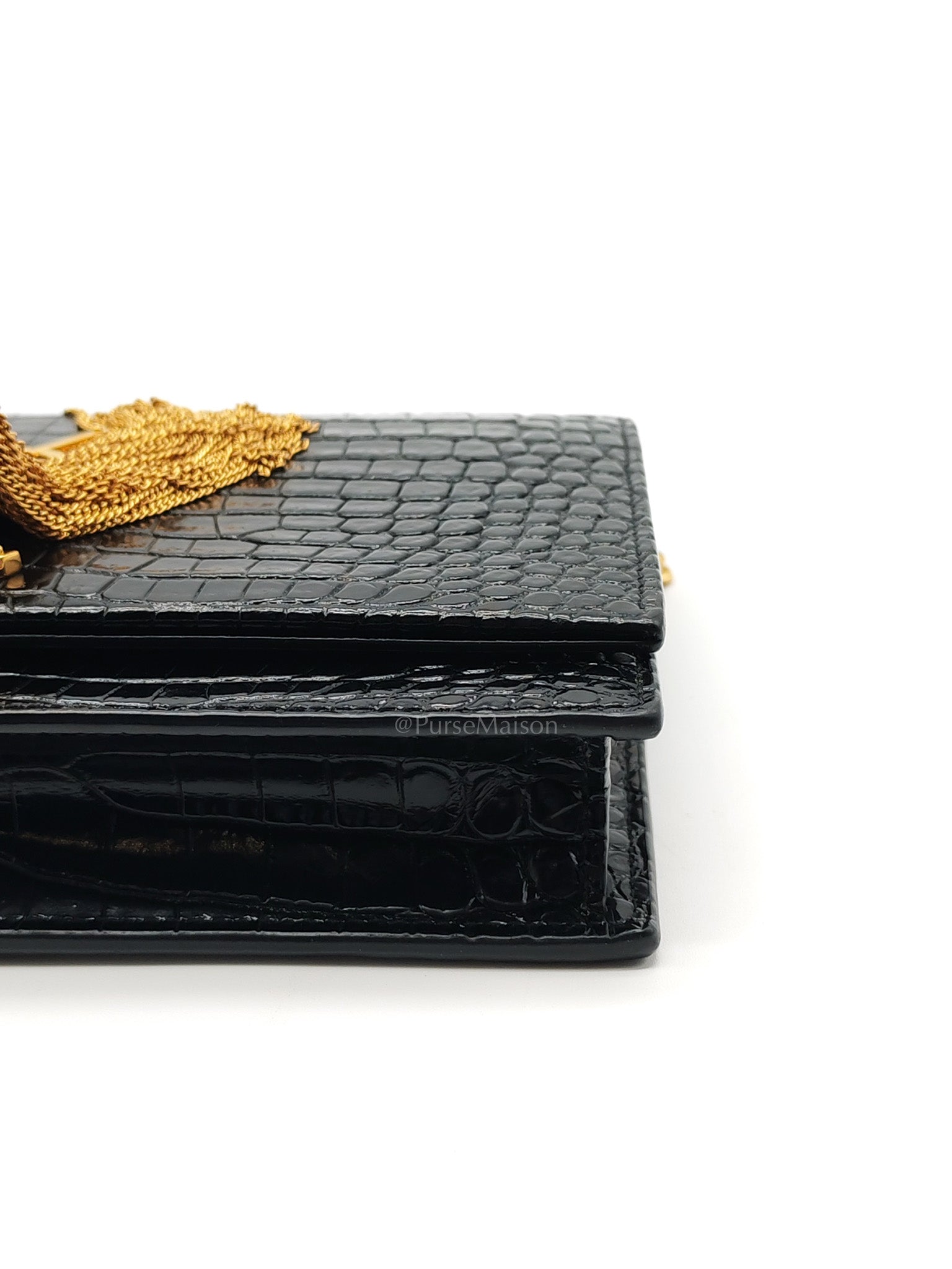 Kate Tassel Bag in Black Croc-Embossed Leather & Gold Hardware