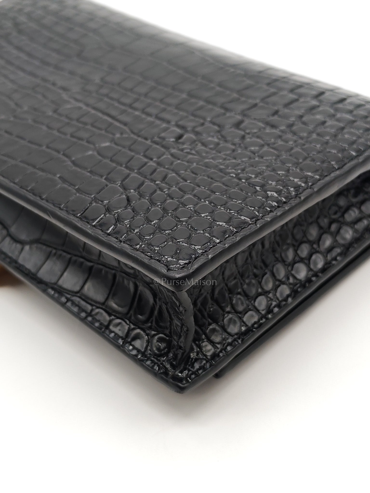 Kate Tassel Bag in Black Croc-Embossed Leather & Gold Hardware