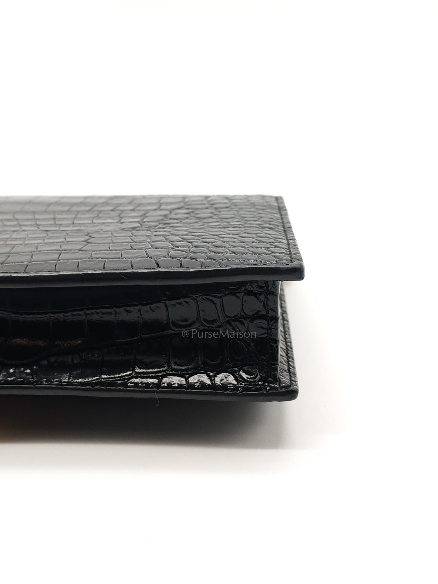 Kate Tassel Bag in Black Croc-Embossed Leather & Gold Hardware