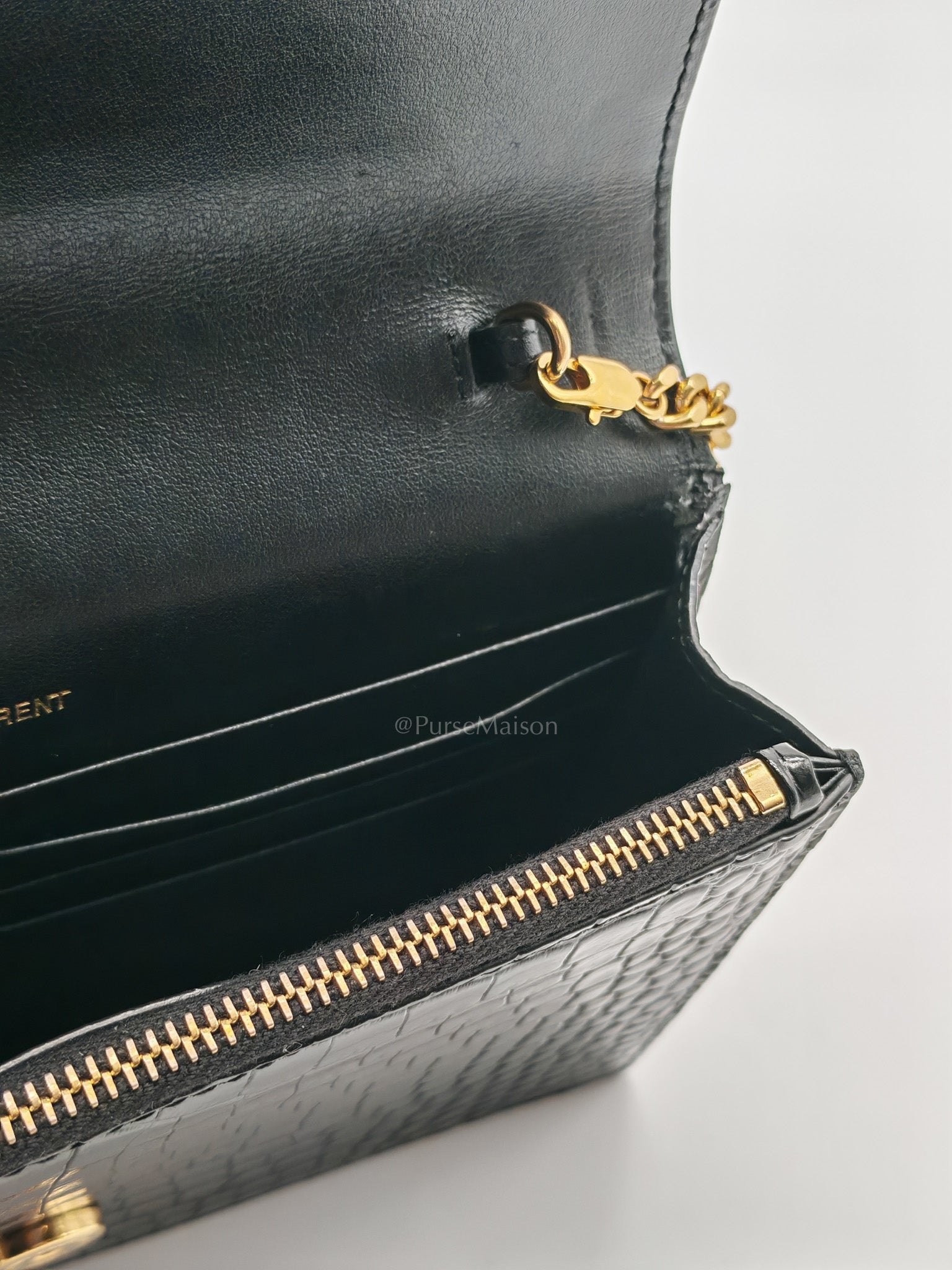 Kate Tassel Bag in Black Croc-Embossed Leather & Gold Hardware