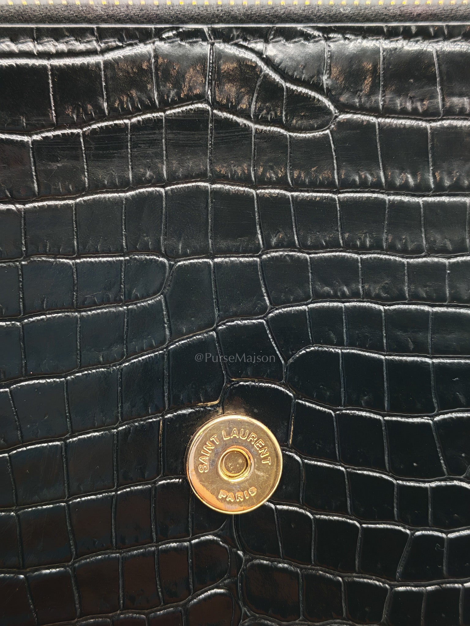 Kate Tassel Bag in Black Croc-Embossed Leather & Gold Hardware