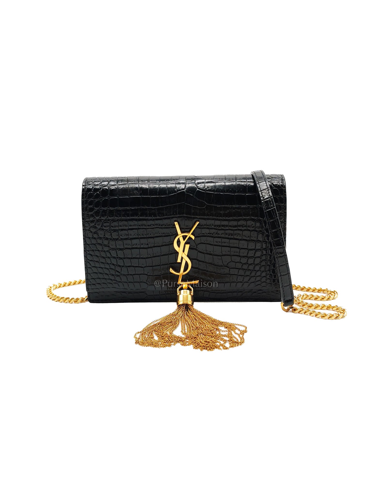 Kate Tassel Bag in Black Croc-Embossed Leather & Gold Hardware