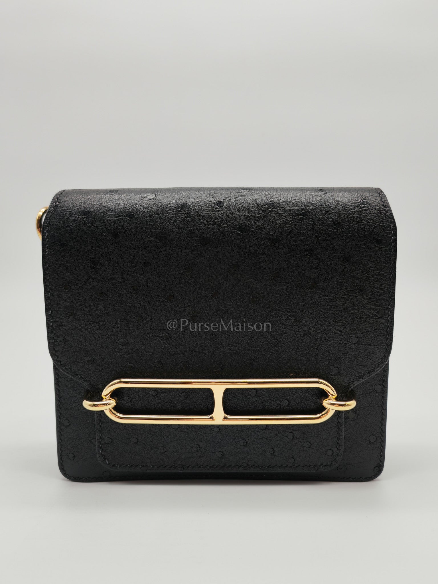 Roulis Mini Noir/Black Ostrich Leather in Gold Hardware Stamp Z(2021) | Purse Maison Luxury Bags Shop