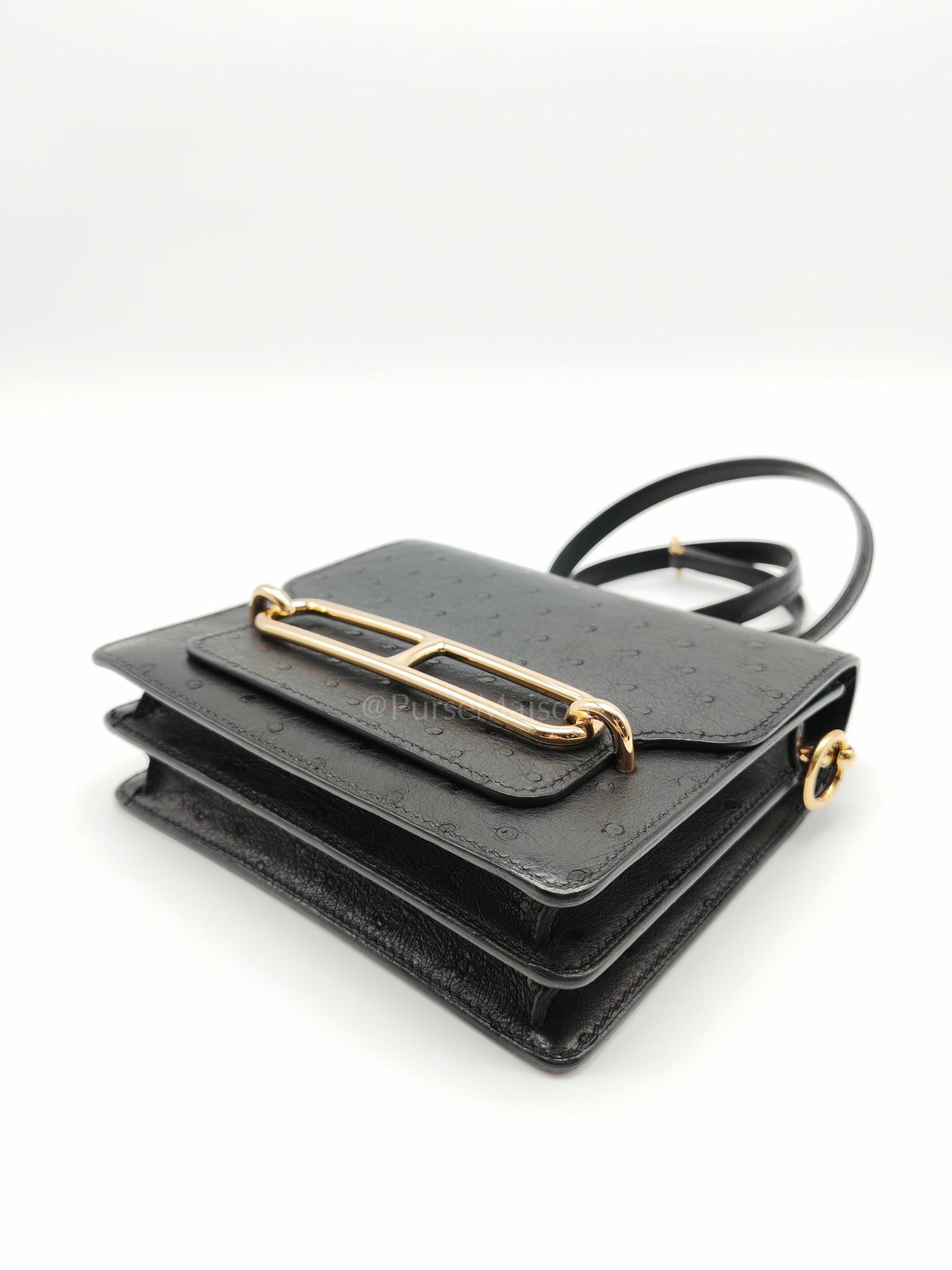 Roulis Mini Noir/Black Ostrich Leather in Gold Hardware Stamp Z(2021) | Purse Maison Luxury Bags Shop