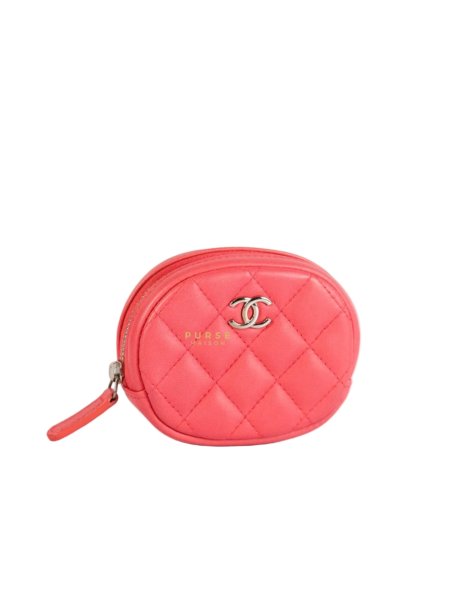 Round Coin Purse in Coral Lambskin Leather & Silver Hardware Series 27 | Purse Maison Luxury Bags Shop