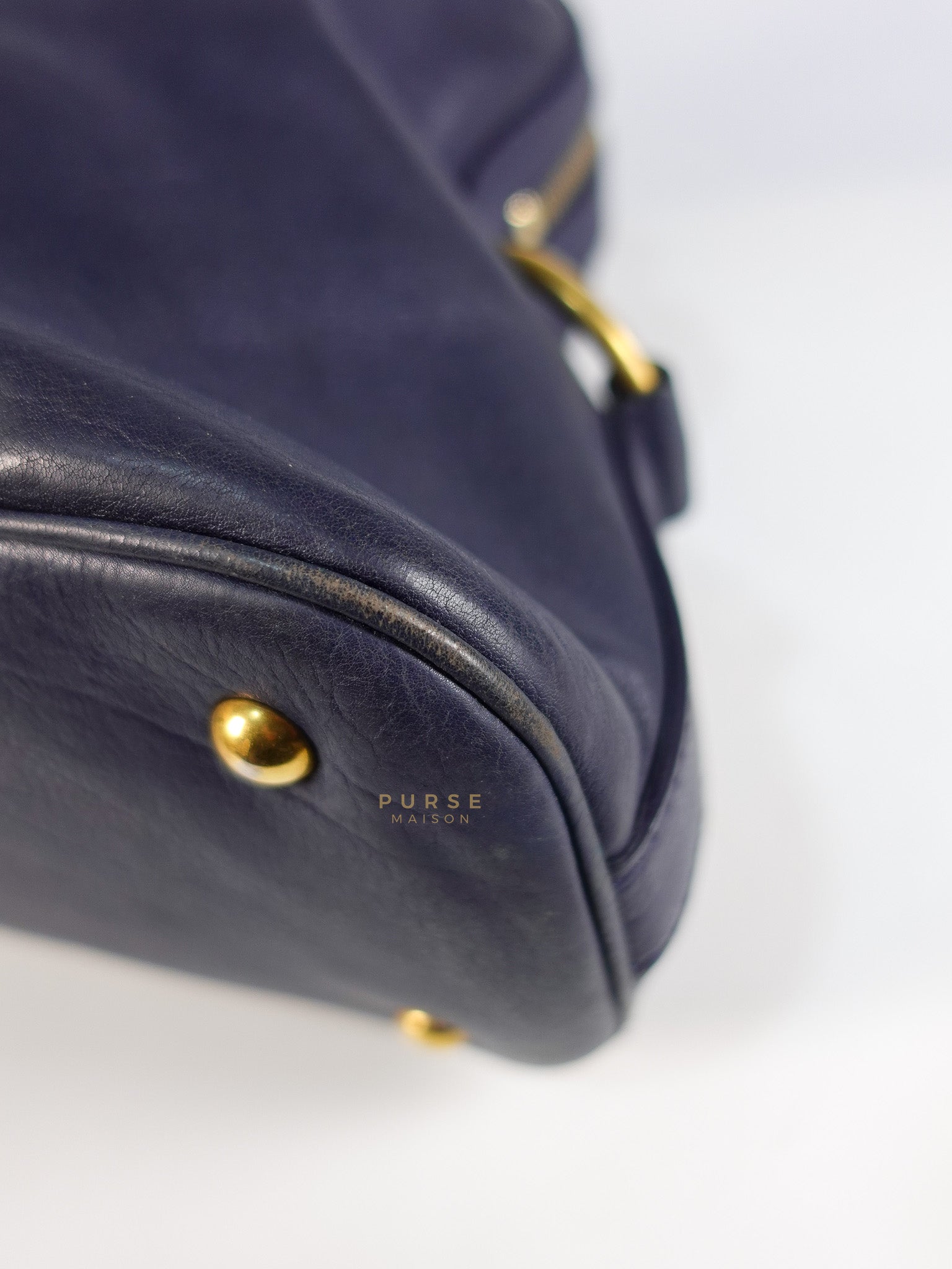 Sac Muse Large Hand Bag In Navy Blue Calfskin Leather Aged Gold Hardware | Purse Maison Luxury Bags Shop