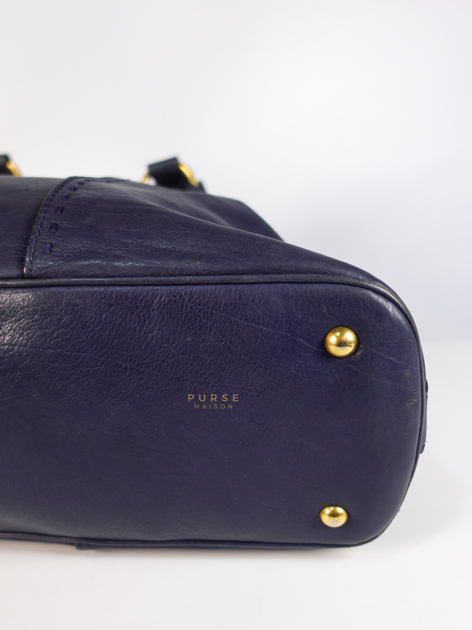Sac Muse Large Hand Bag In Navy Blue Calfskin Leather Aged Gold Hardware | Purse Maison Luxury Bags Shop
