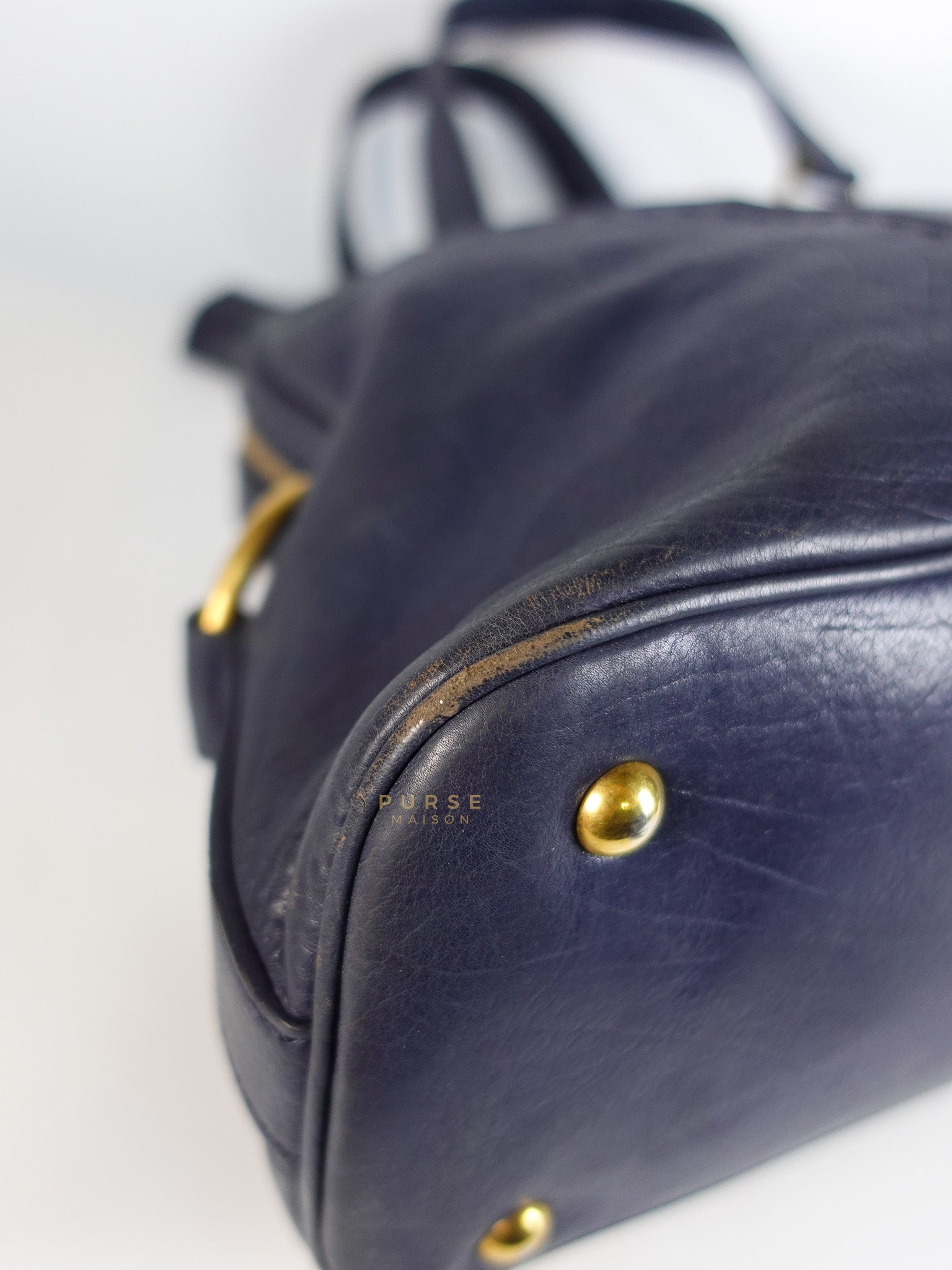 Sac Muse Large Hand Bag In Navy Blue Calfskin Leather Aged Gold Hardware | Purse Maison Luxury Bags Shop