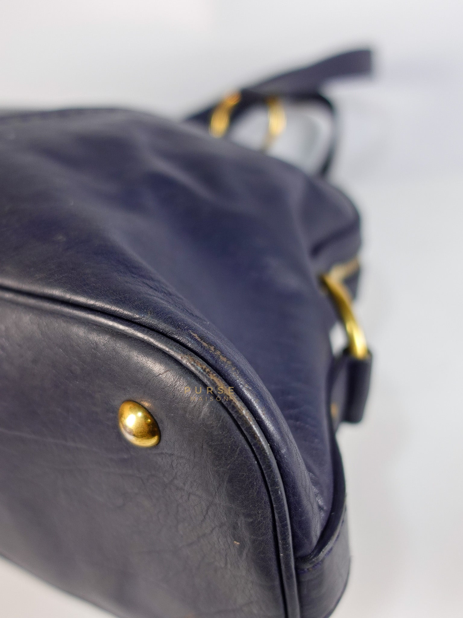 Sac Muse Large Hand Bag In Navy Blue Calfskin Leather Aged Gold Hardware | Purse Maison Luxury Bags Shop
