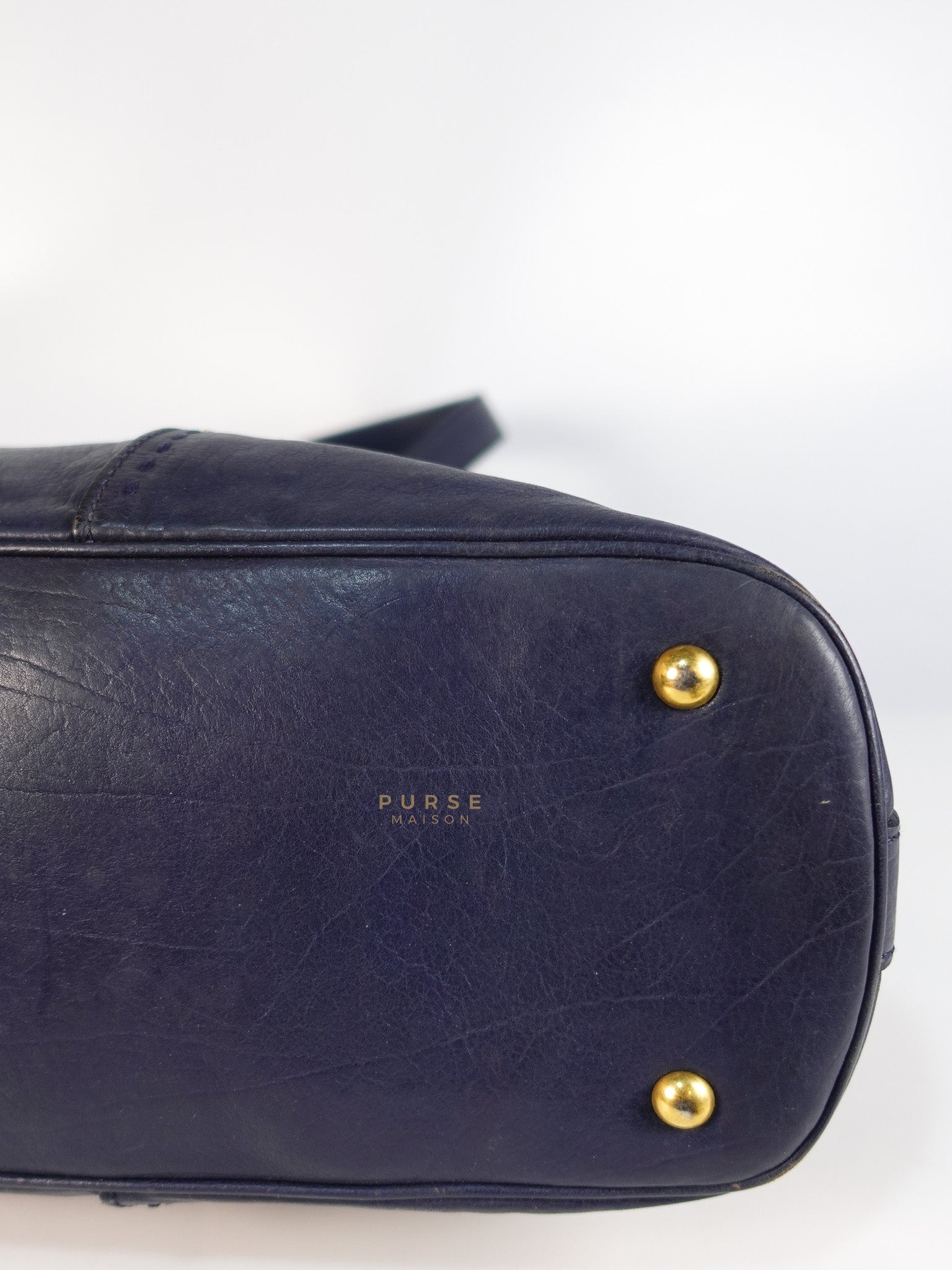 Sac Muse Large Hand Bag In Navy Blue Calfskin Leather Aged Gold Hardware | Purse Maison Luxury Bags Shop