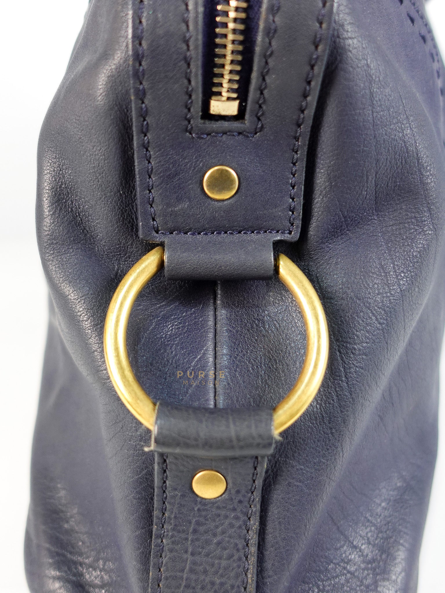 Sac Muse Large Hand Bag In Navy Blue Calfskin Leather Aged Gold Hardware | Purse Maison Luxury Bags Shop