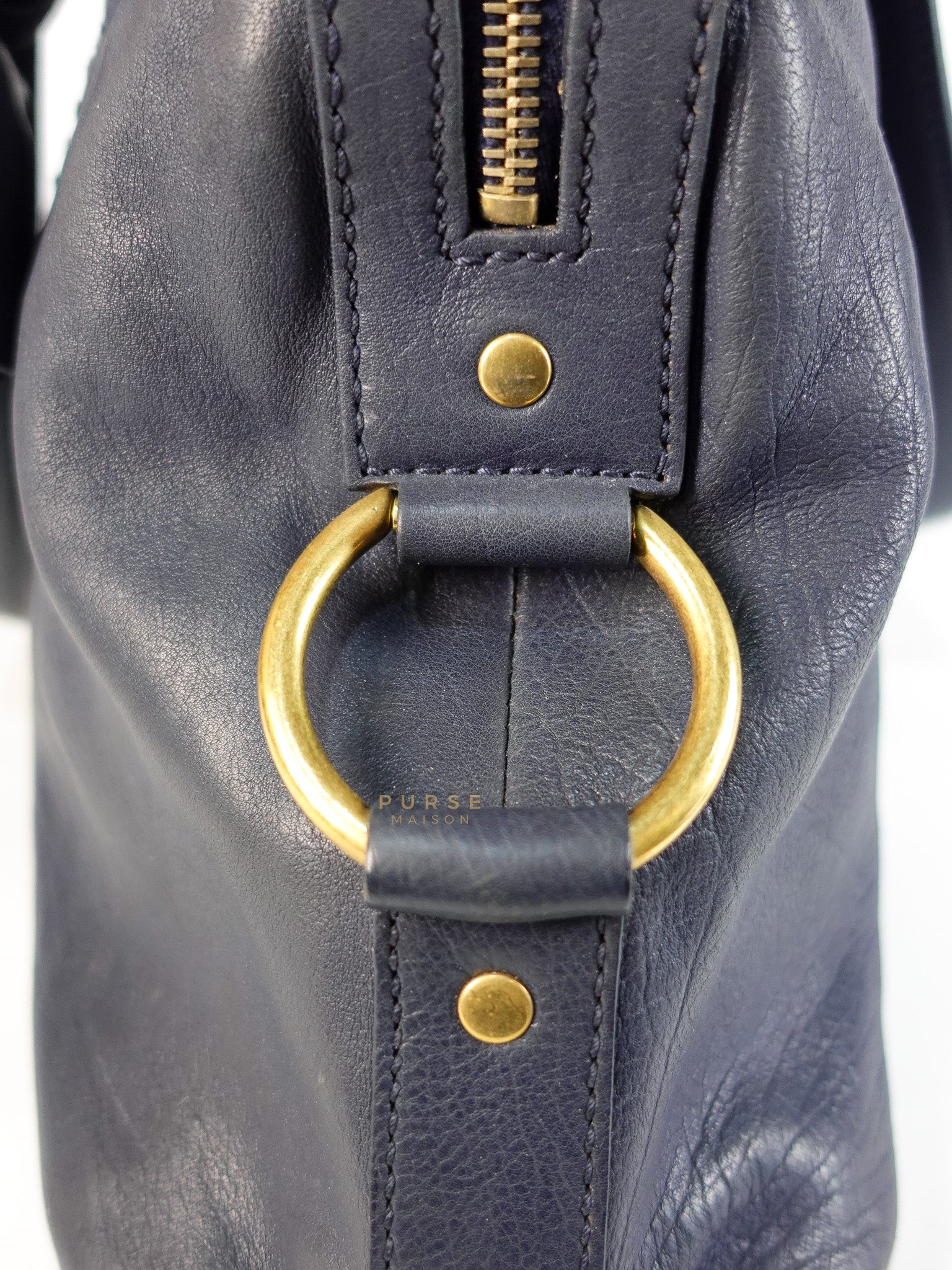 Sac Muse Large Hand Bag In Navy Blue Calfskin Leather Aged Gold Hardware | Purse Maison Luxury Bags Shop