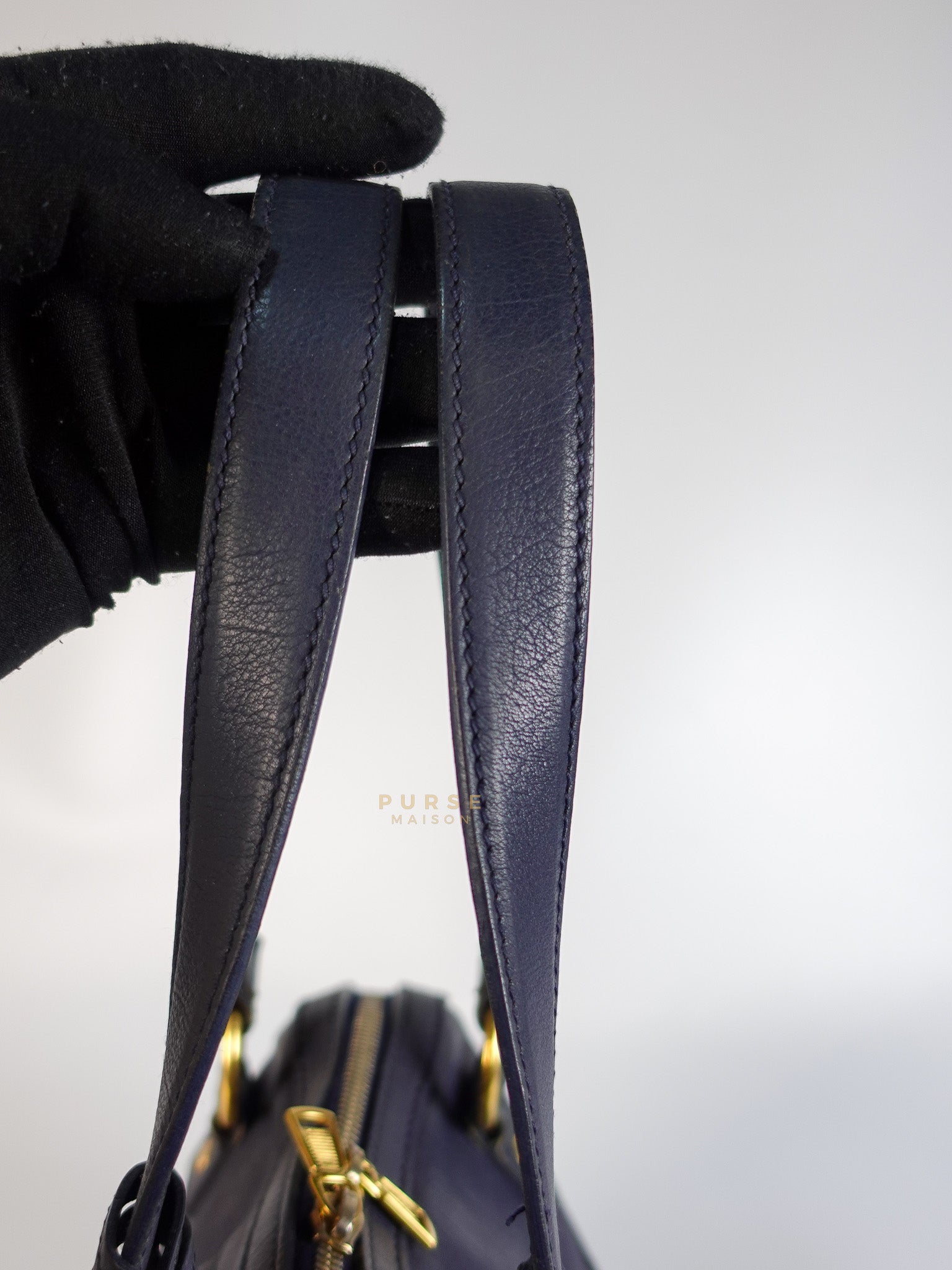 Sac Muse Large Hand Bag In Navy Blue Calfskin Leather Aged Gold Hardware | Purse Maison Luxury Bags Shop