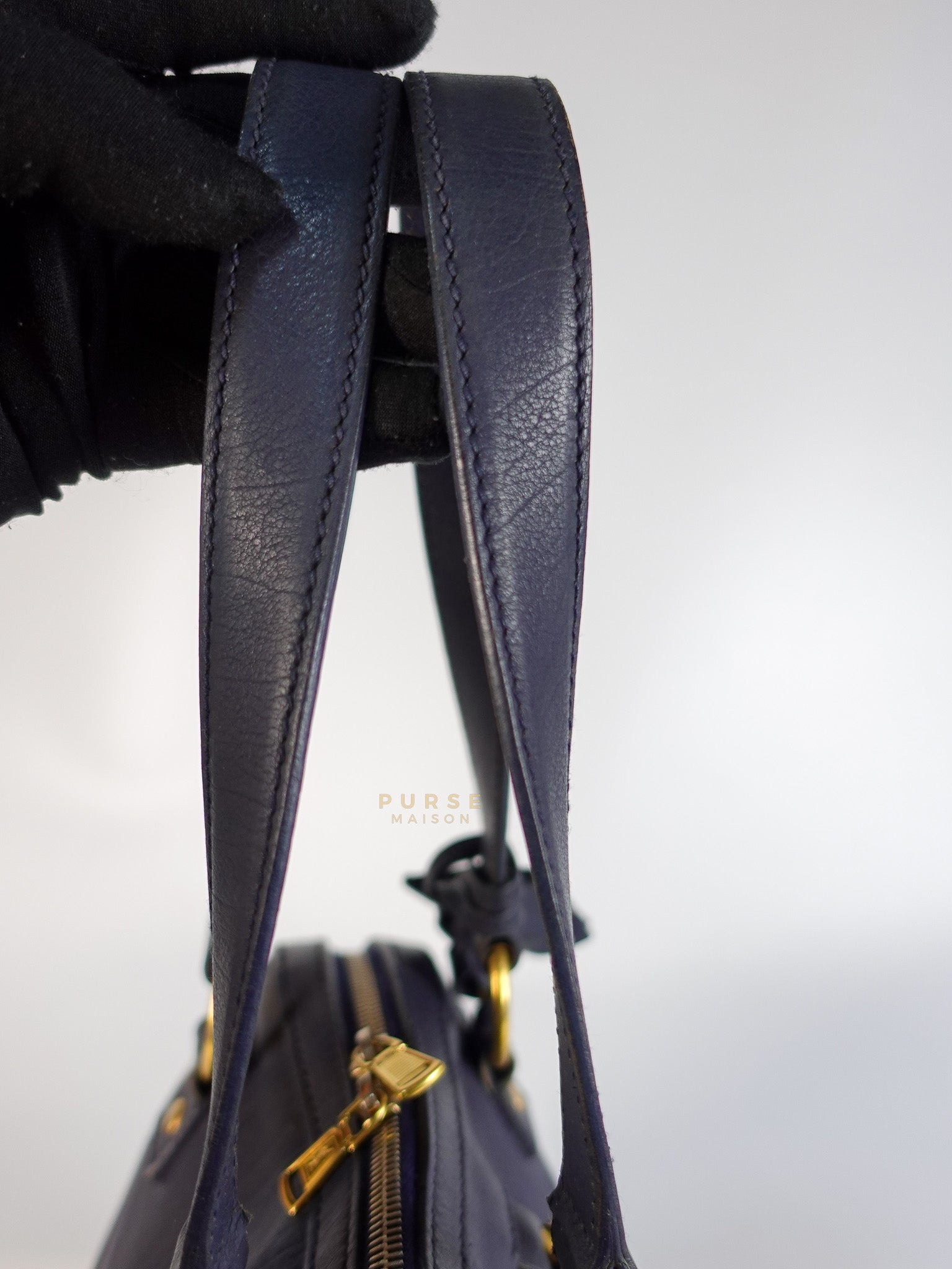 Sac Muse Large Hand Bag In Navy Blue Calfskin Leather Aged Gold Hardware | Purse Maison Luxury Bags Shop