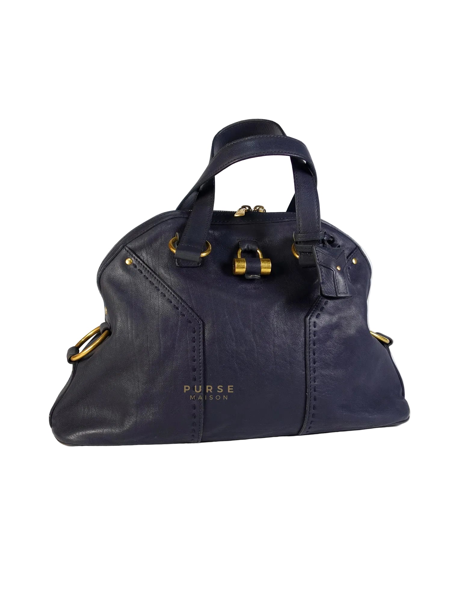 Sac Muse Large Hand Bag In Navy Blue Calfskin Leather Aged Gold Hardware | Purse Maison Luxury Bags Shop