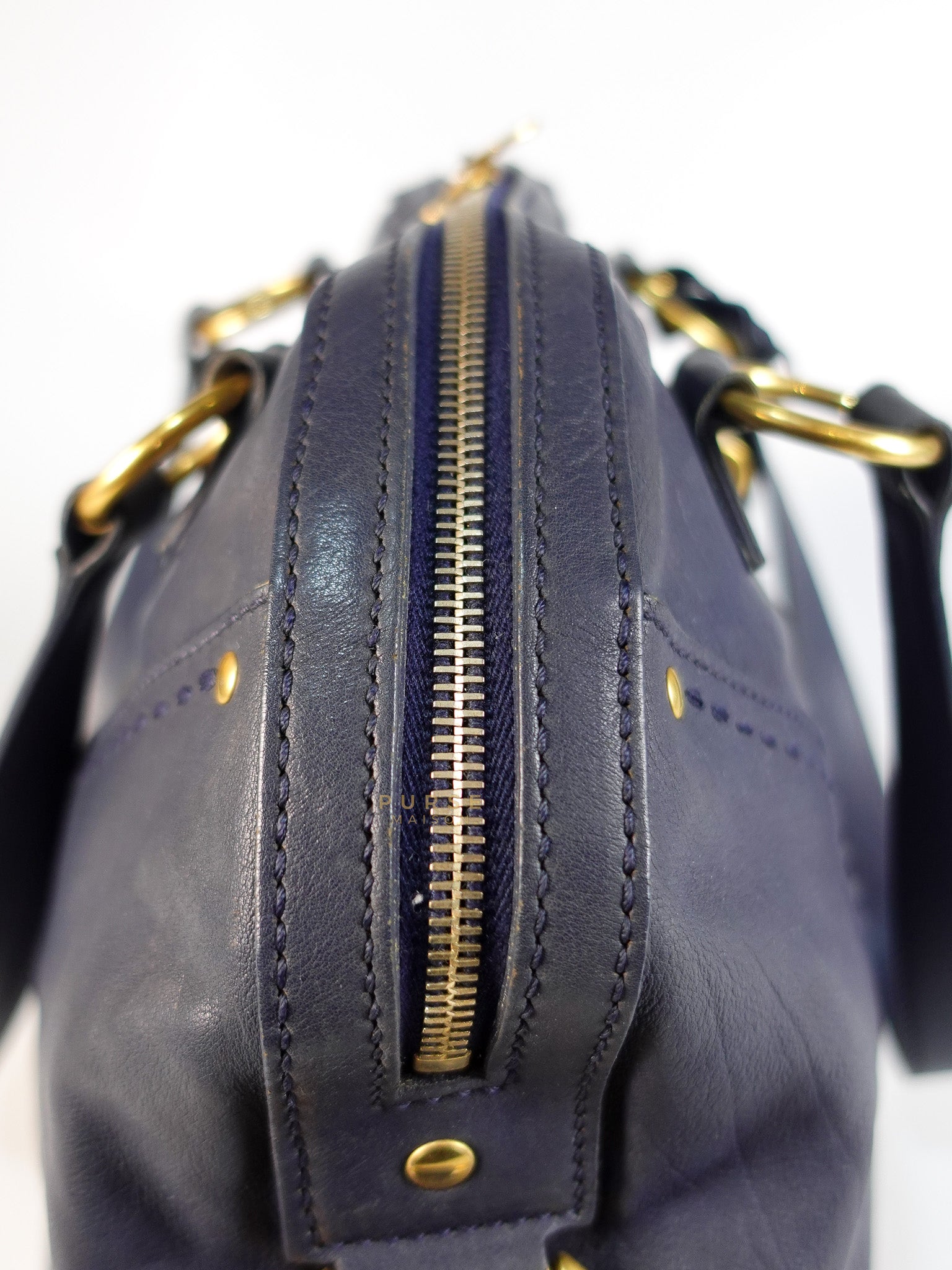 Sac Muse Large Hand Bag In Navy Blue Calfskin Leather Aged Gold Hardware | Purse Maison Luxury Bags Shop