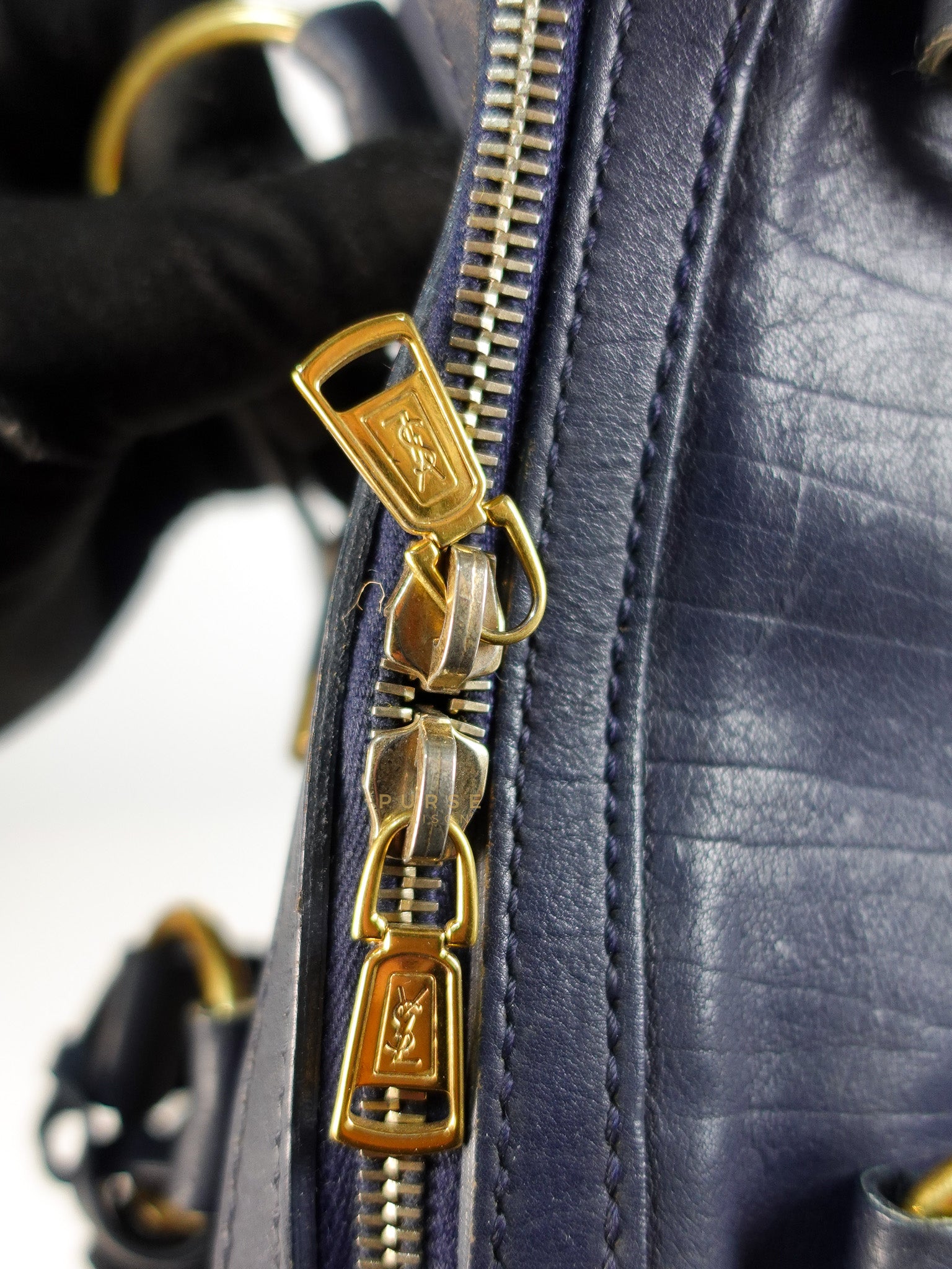 Sac Muse Large Hand Bag In Navy Blue Calfskin Leather Aged Gold Hardware | Purse Maison Luxury Bags Shop