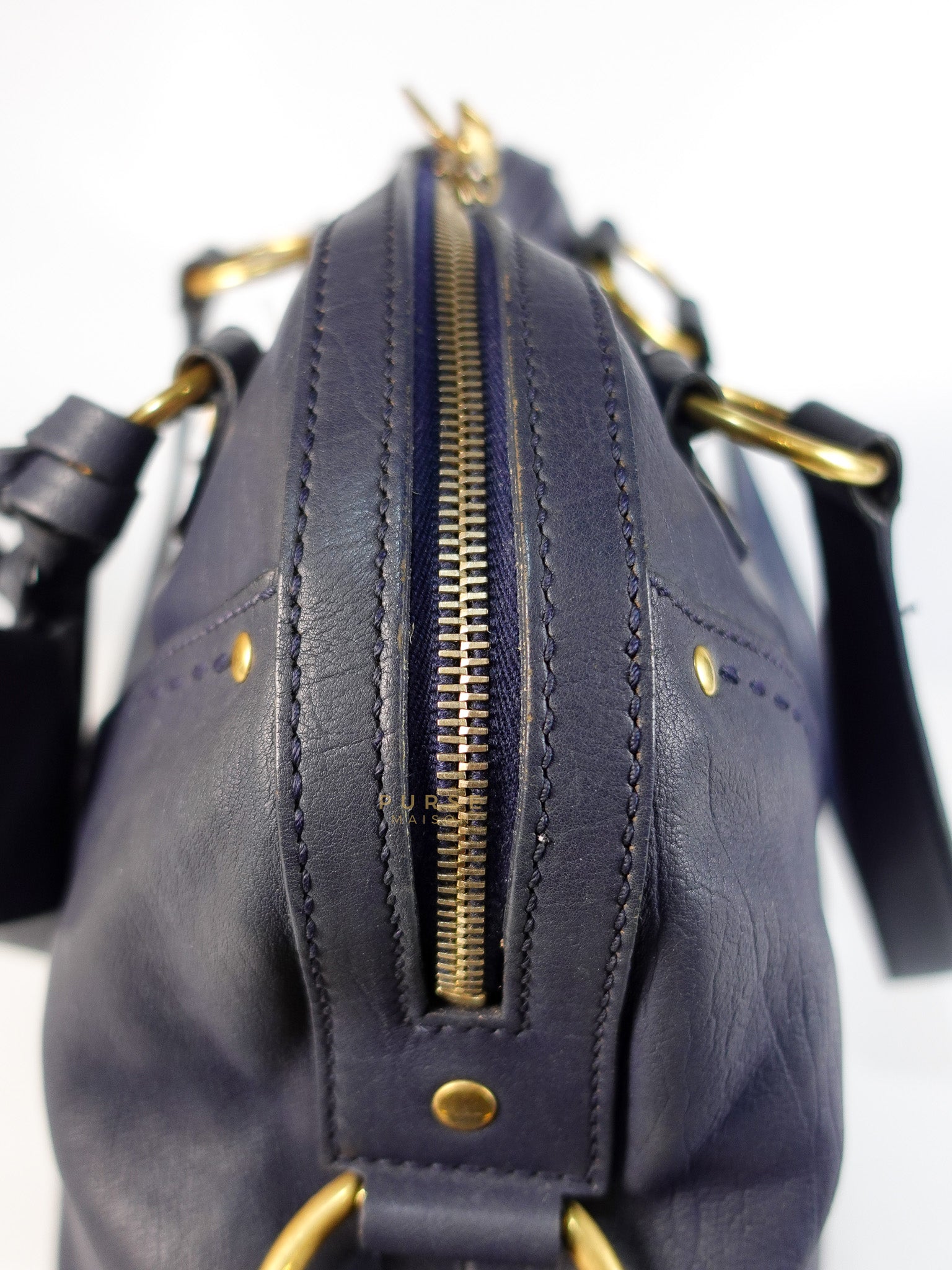 Sac Muse Large Hand Bag In Navy Blue Calfskin Leather Aged Gold Hardware | Purse Maison Luxury Bags Shop