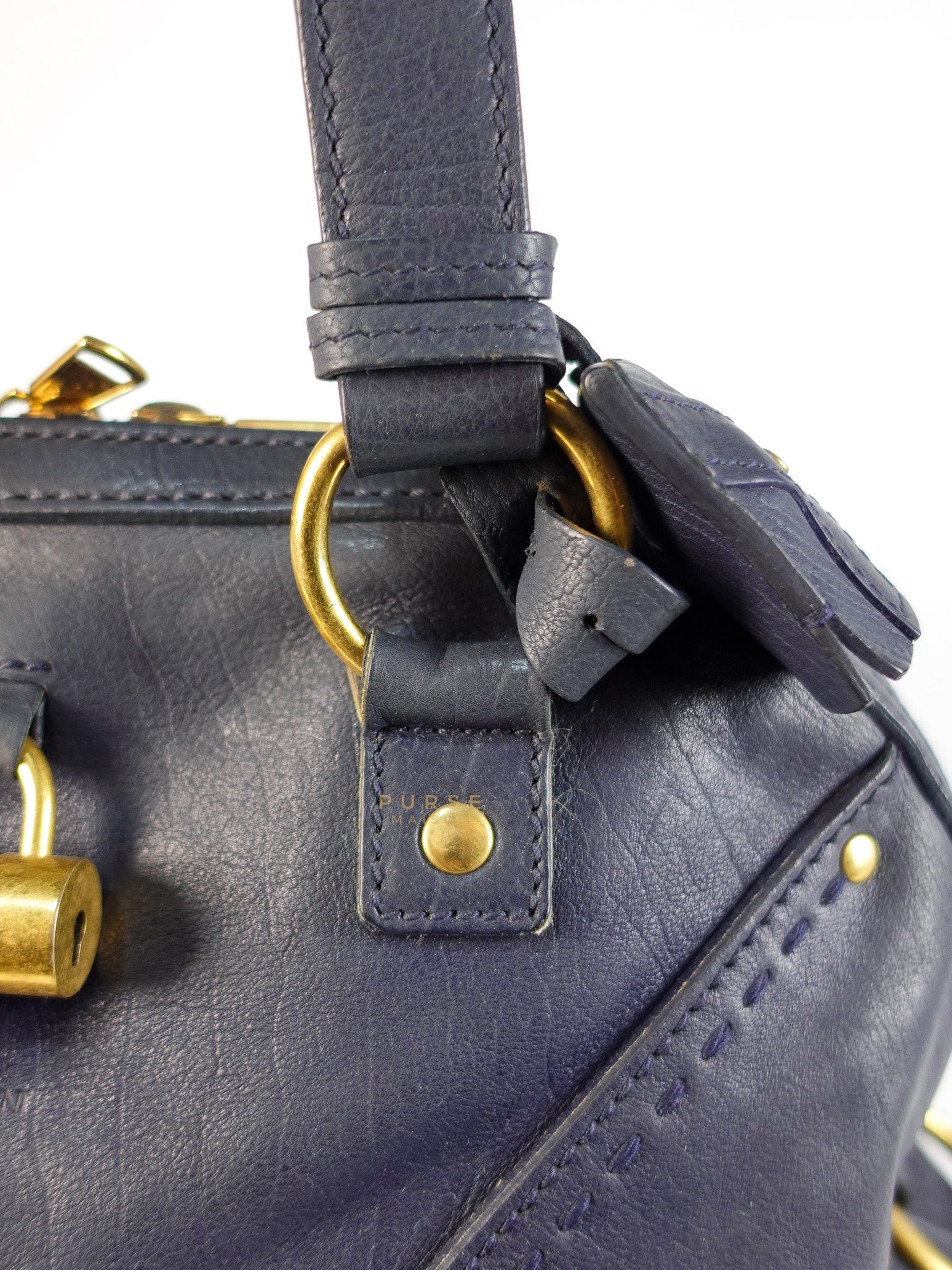 Sac Muse Large Hand Bag In Navy Blue Calfskin Leather Aged Gold Hardware | Purse Maison Luxury Bags Shop