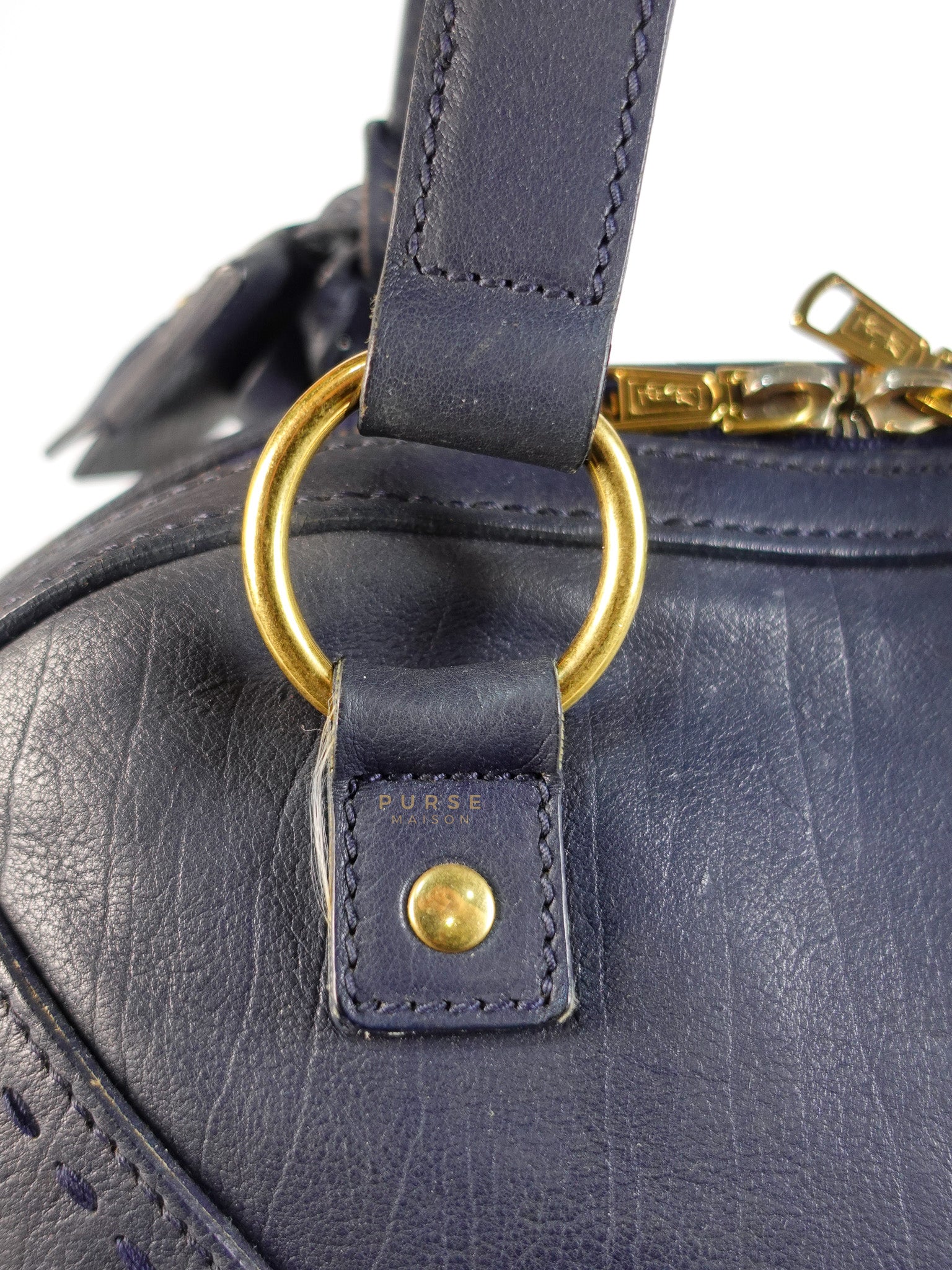 Sac Muse Large Hand Bag In Navy Blue Calfskin Leather Aged Gold Hardware | Purse Maison Luxury Bags Shop