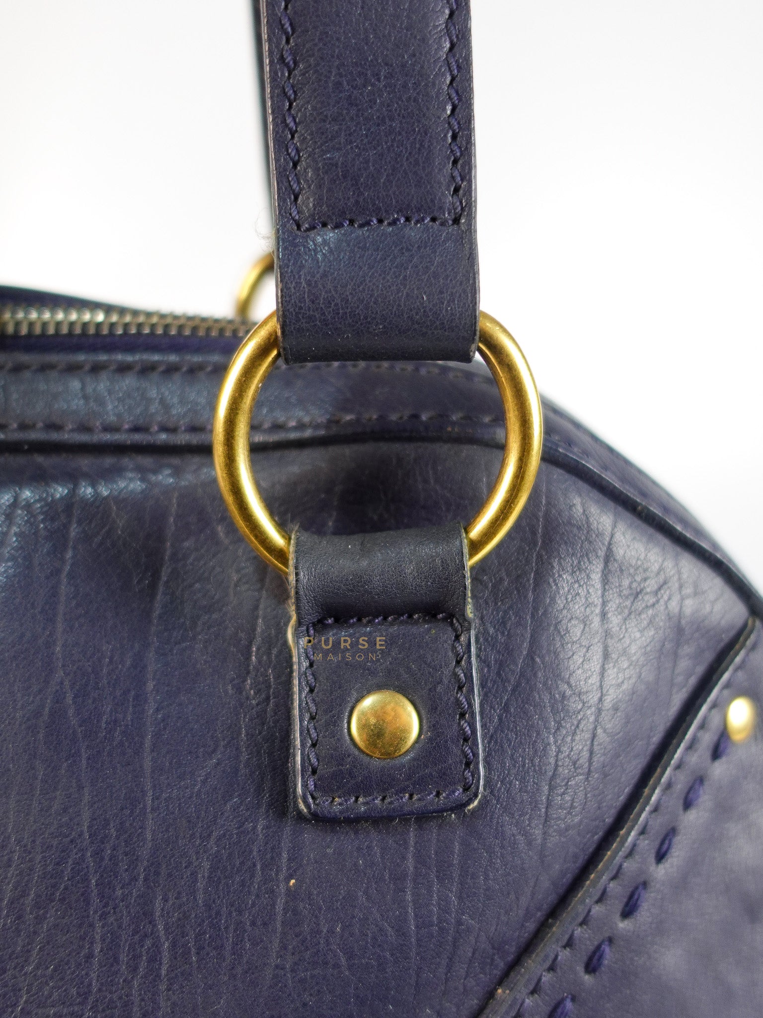 Sac Muse Large Hand Bag In Navy Blue Calfskin Leather Aged Gold Hardware | Purse Maison Luxury Bags Shop