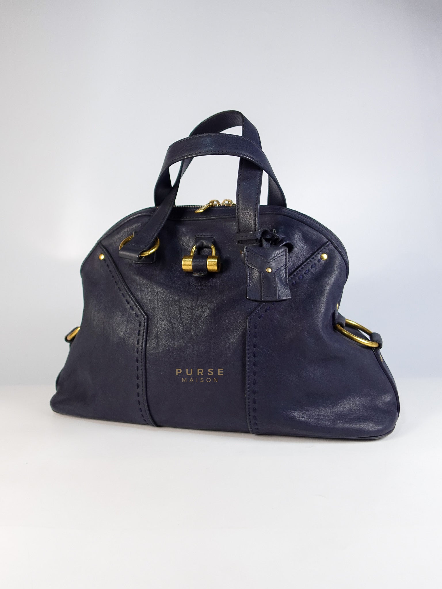 Sac Muse Large Hand Bag In Navy Blue Calfskin Leather Aged Gold Hardware | Purse Maison Luxury Bags Shop