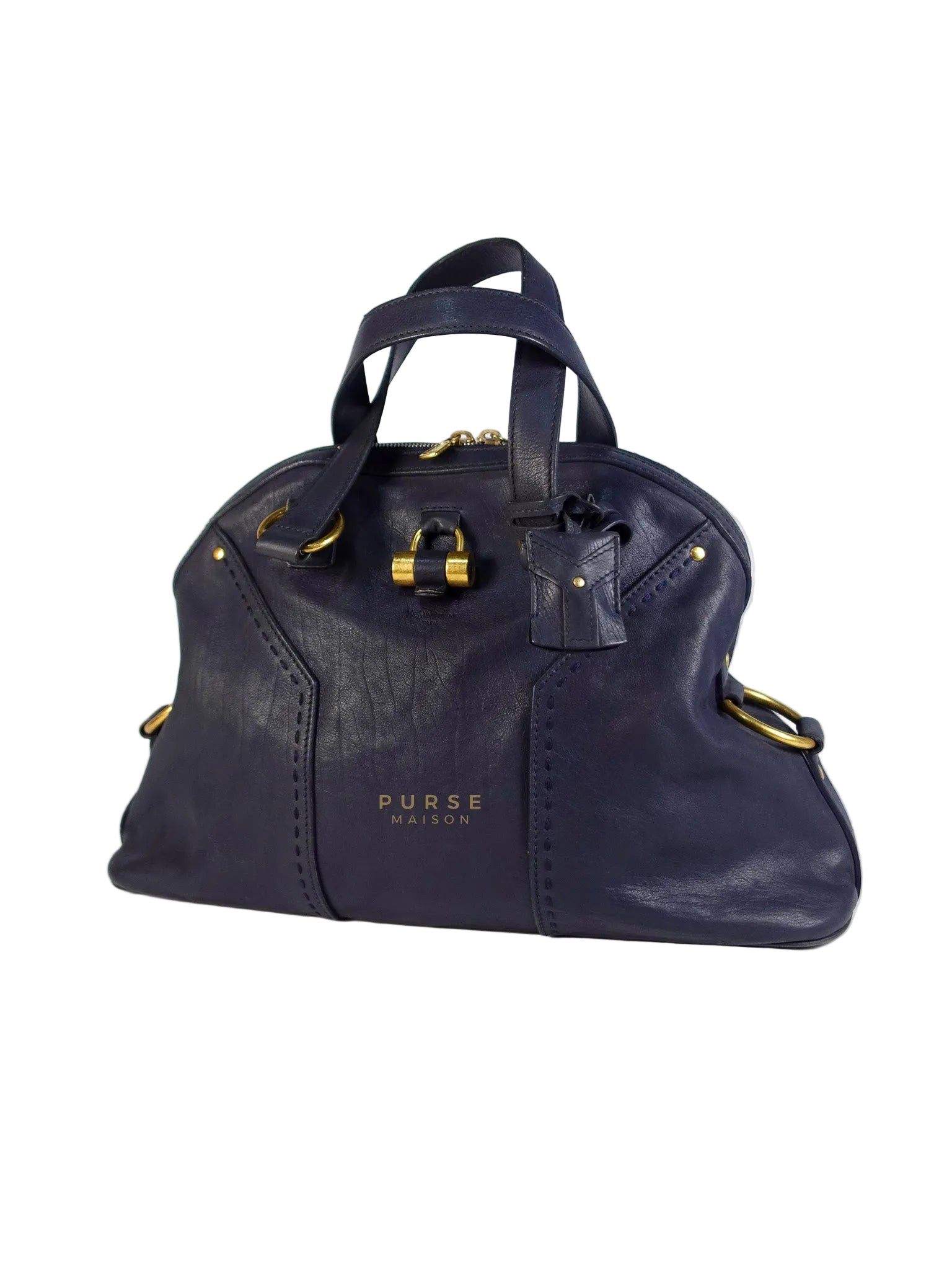 Sac Muse Large Hand Bag In Navy Blue Calfskin Leather Aged Gold Hardware | Purse Maison Luxury Bags Shop