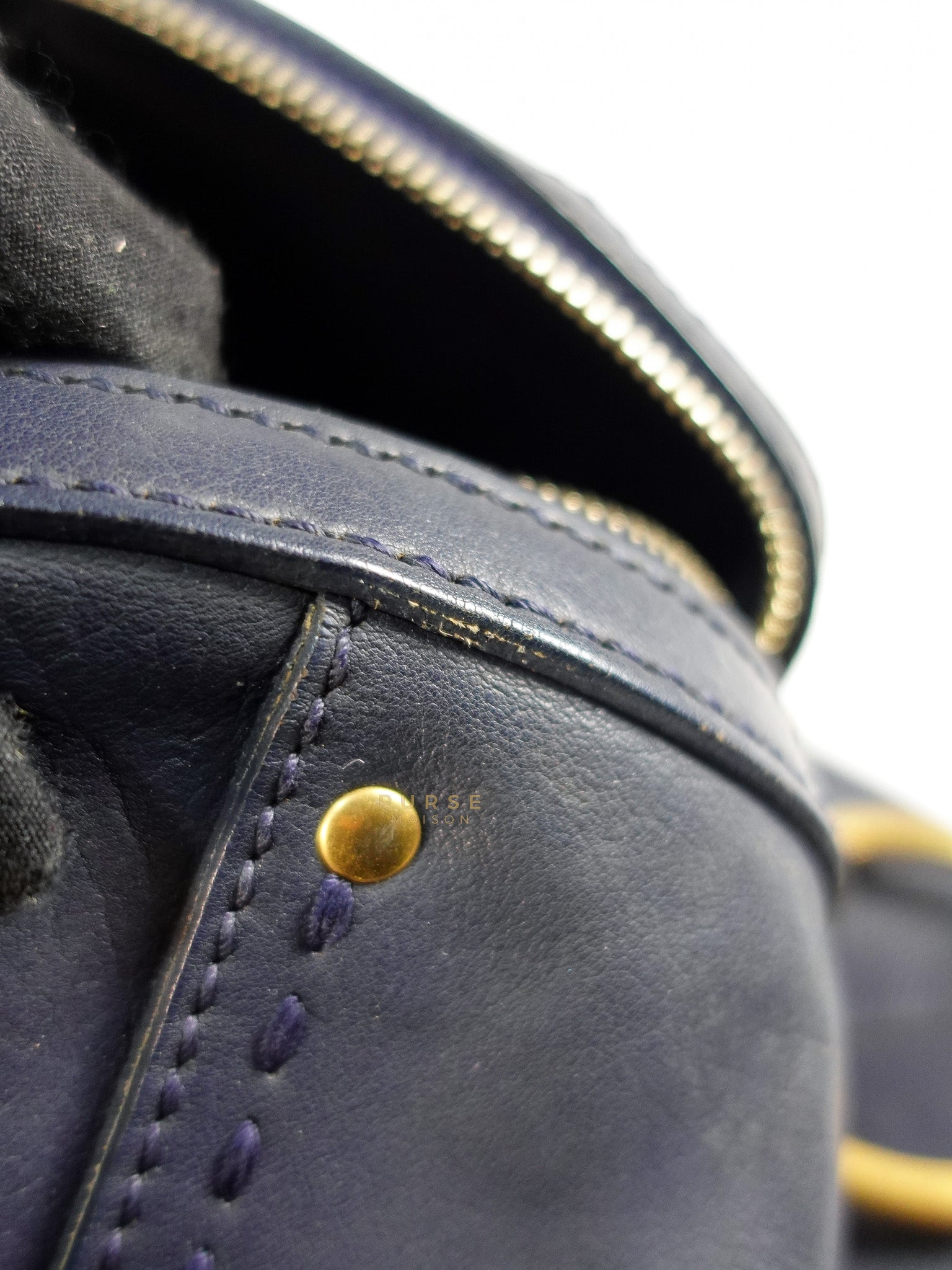 Sac Muse Large Hand Bag In Navy Blue Calfskin Leather Aged Gold Hardware | Purse Maison Luxury Bags Shop