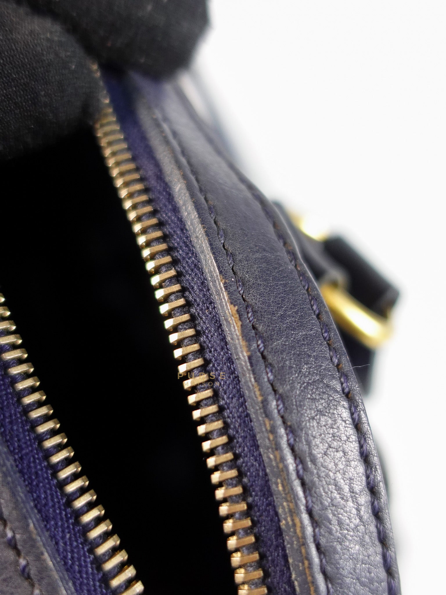 Sac Muse Large Hand Bag In Navy Blue Calfskin Leather Aged Gold Hardware | Purse Maison Luxury Bags Shop