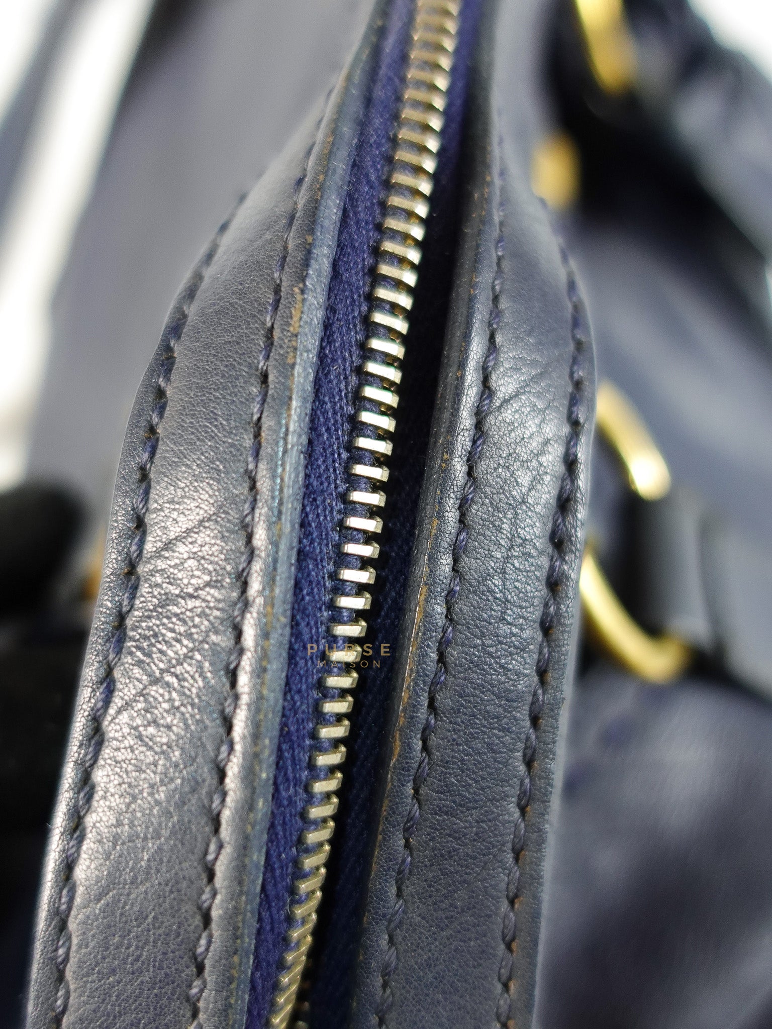 Sac Muse Large Hand Bag In Navy Blue Calfskin Leather Aged Gold Hardware | Purse Maison Luxury Bags Shop