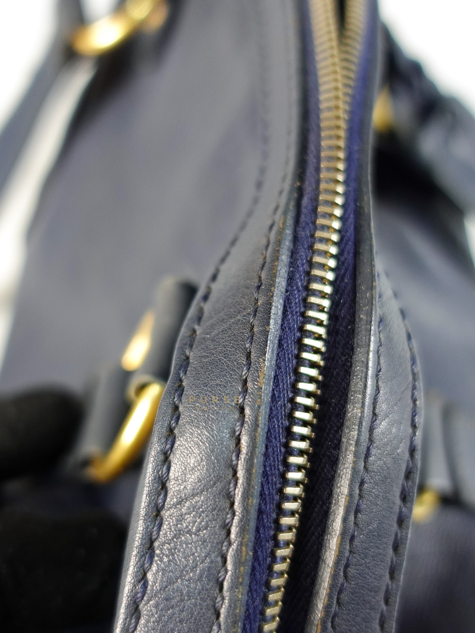 Sac Muse Large Hand Bag In Navy Blue Calfskin Leather Aged Gold Hardware | Purse Maison Luxury Bags Shop