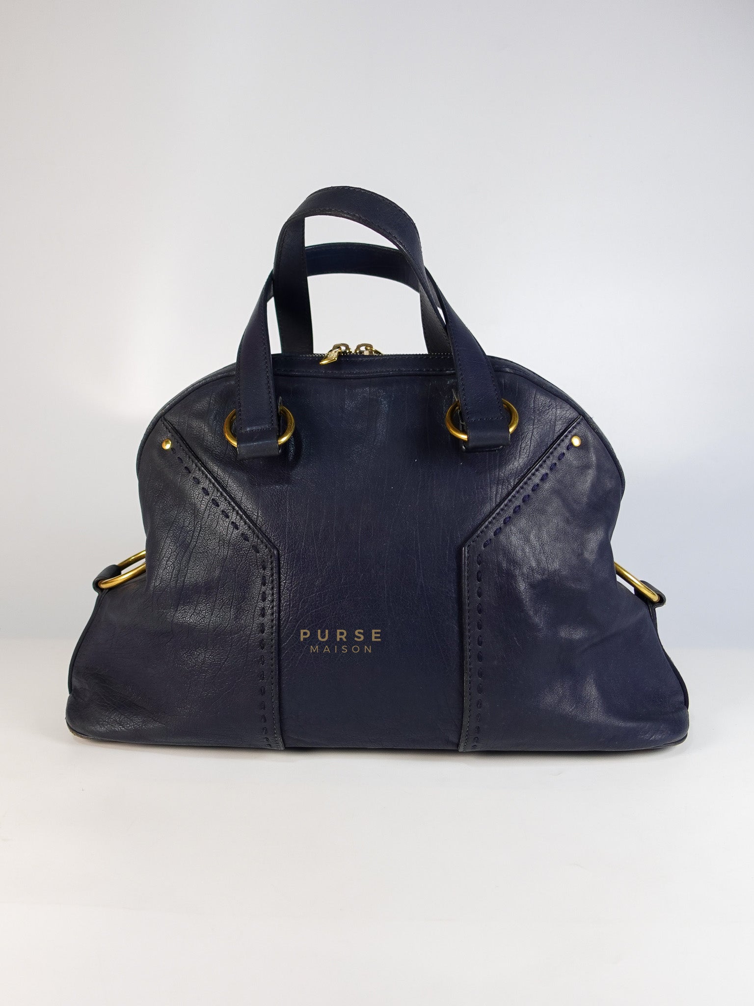 Sac Muse Large Hand Bag In Navy Blue Calfskin Leather Aged Gold Hardware | Purse Maison Luxury Bags Shop
