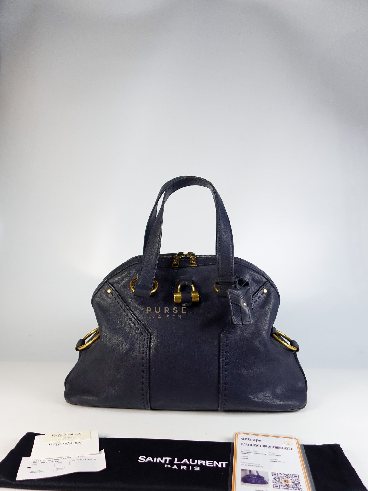 Sac Muse Large Hand Bag In Navy Blue Calfskin Leather Aged Gold Hardware | Purse Maison Luxury Bags Shop