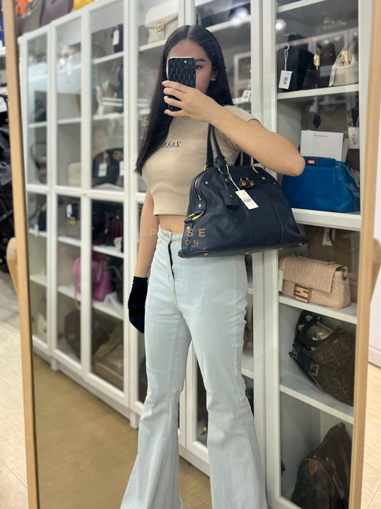 Sac Muse Large Hand Bag In Navy Blue Calfskin Leather Aged Gold Hardware | Purse Maison Luxury Bags Shop