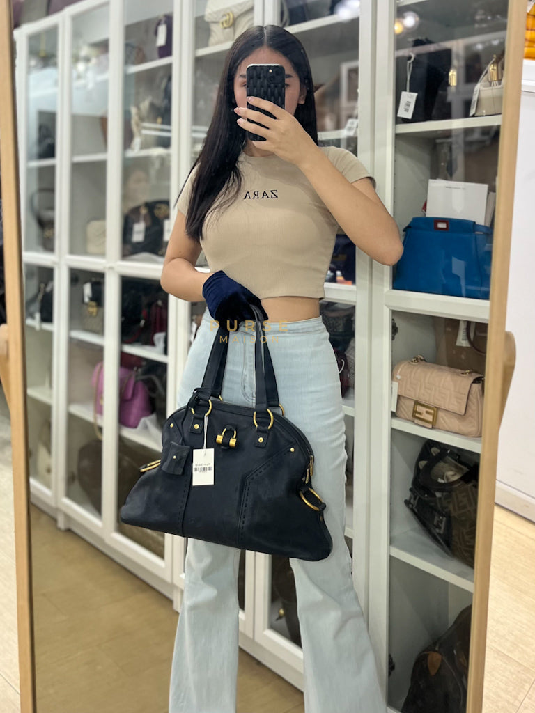 Sac Muse Large Hand Bag In Navy Blue Calfskin Leather Aged Gold Hardware | Purse Maison Luxury Bags Shop