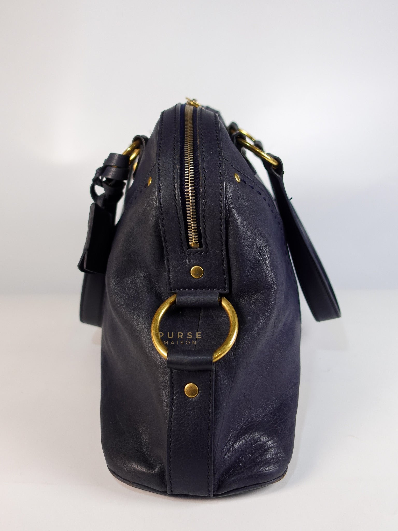 Sac Muse Large Hand Bag In Navy Blue Calfskin Leather Aged Gold Hardware | Purse Maison Luxury Bags Shop