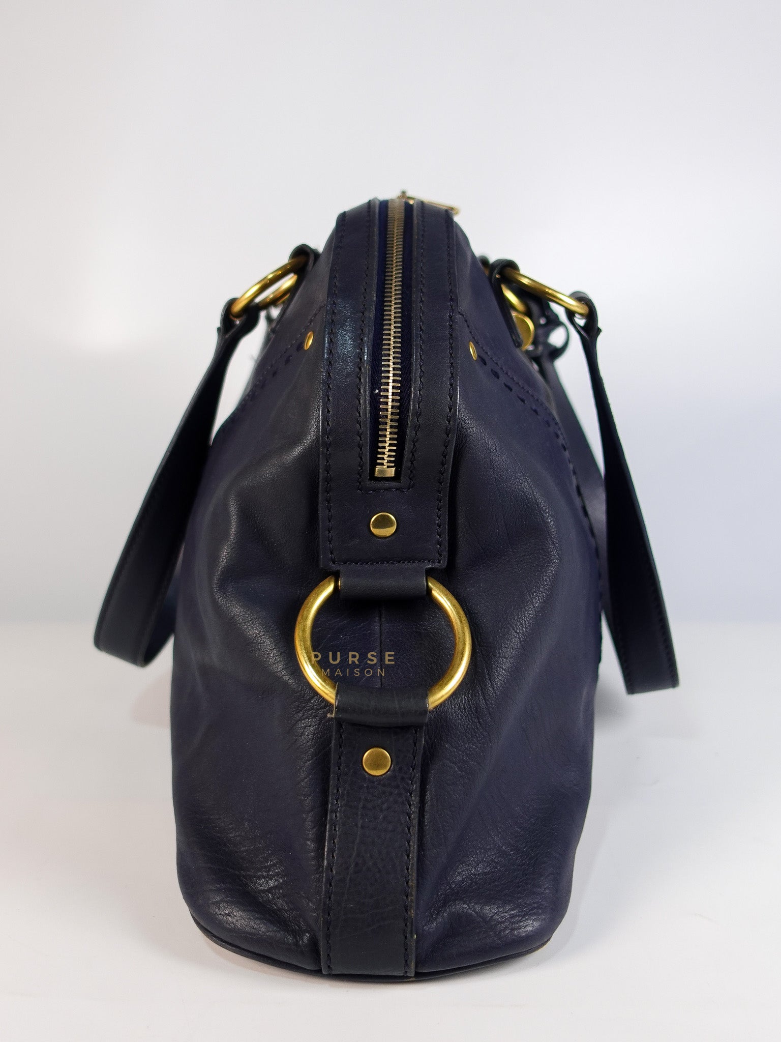 Sac Muse Large Hand Bag In Navy Blue Calfskin Leather Aged Gold Hardware | Purse Maison Luxury Bags Shop