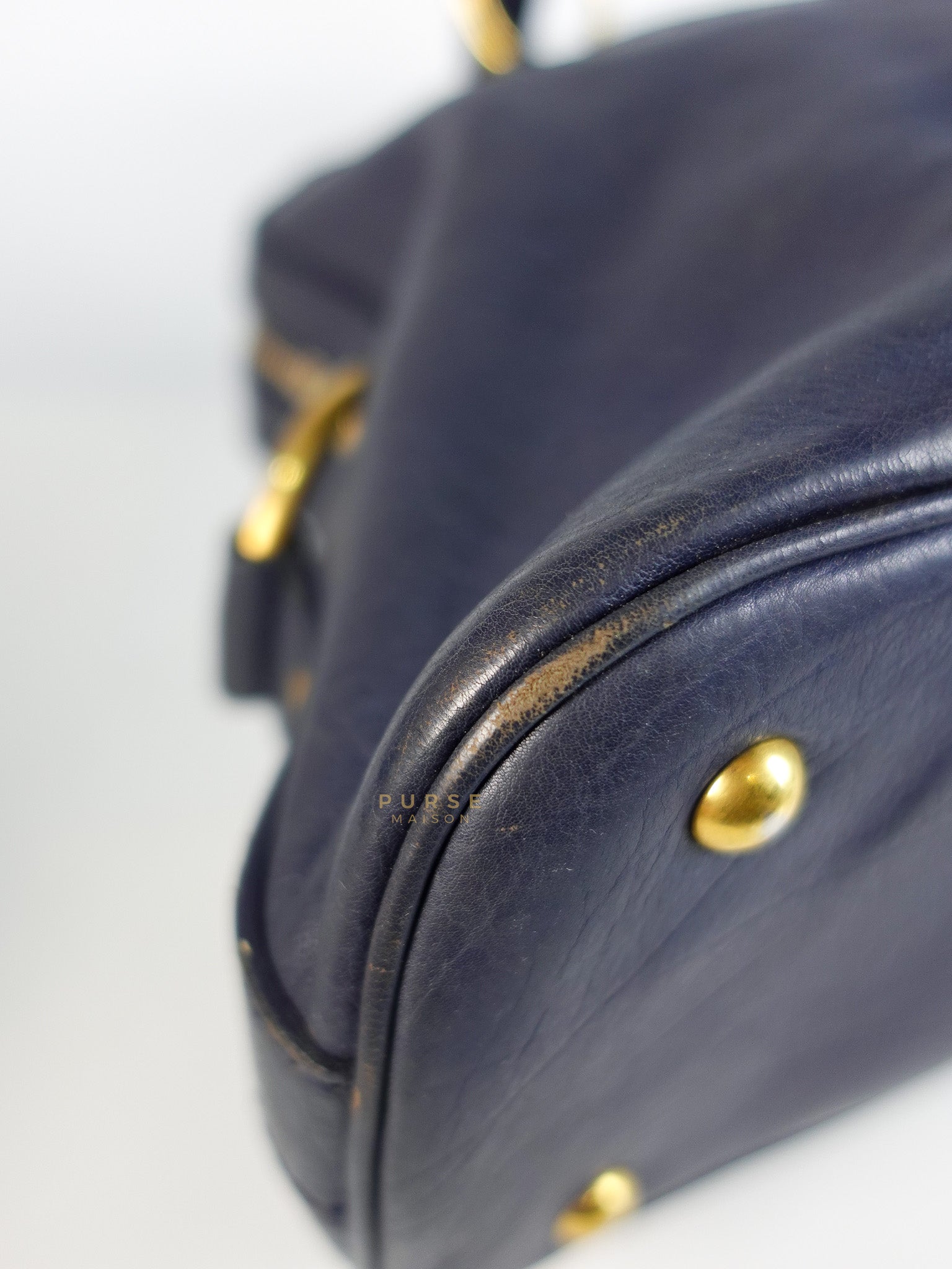 Sac Muse Large Hand Bag In Navy Blue Calfskin Leather Aged Gold Hardware | Purse Maison Luxury Bags Shop
