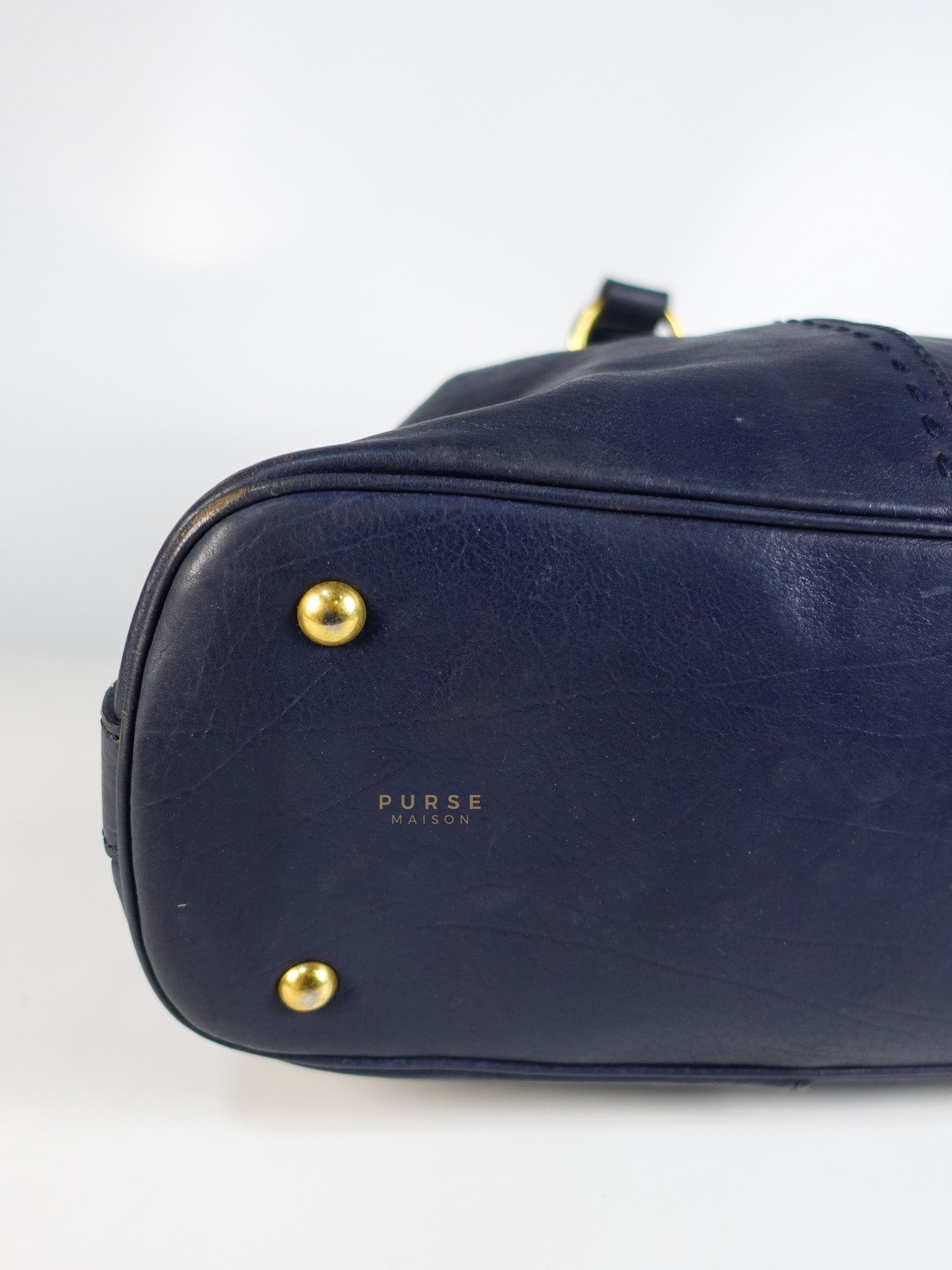 Sac Muse Large Hand Bag In Navy Blue Calfskin Leather Aged Gold Hardware | Purse Maison Luxury Bags Shop