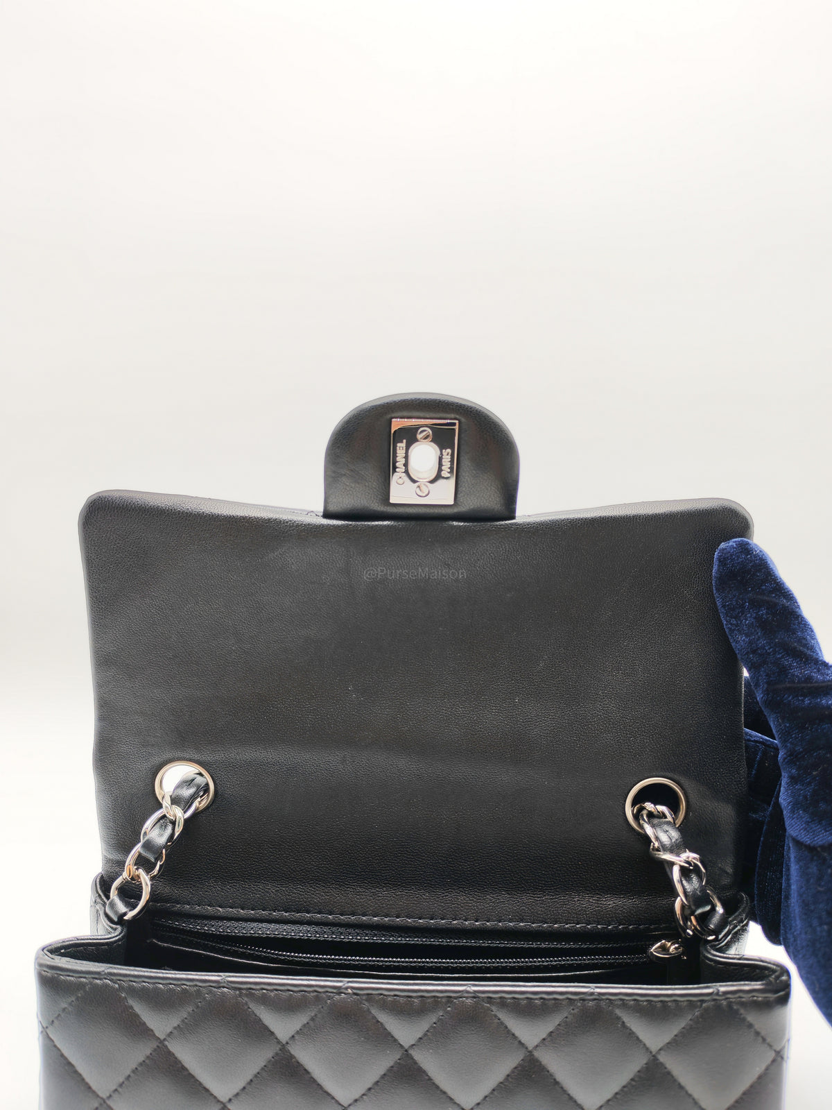 Chanel Classic Mini Rectangular Flap Bag in Black Lambskin Leather Silver Hardware (Series 25)