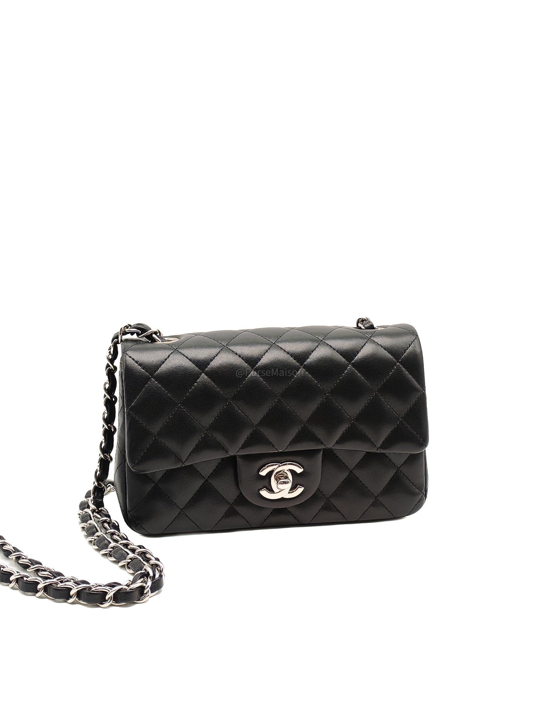 Chanel Classic Mini Rectangular Flap Bag in Black Lambskin Leather Silver Hardware (Series 25)