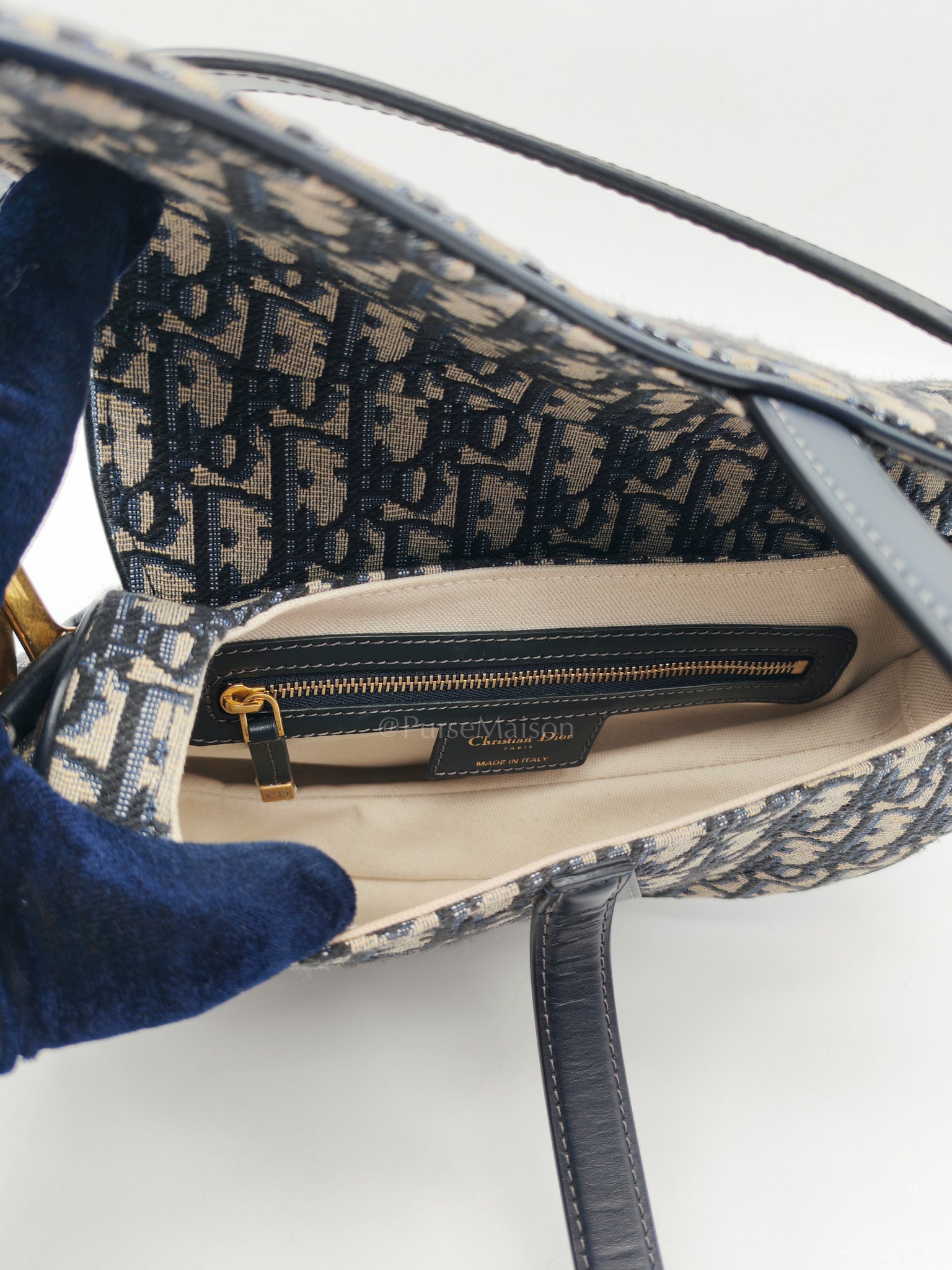 Saddle Bag Medium in Blue Oblique Jacquard Canvas & Gold Hardware | Purse Maison Luxury Bags Shop