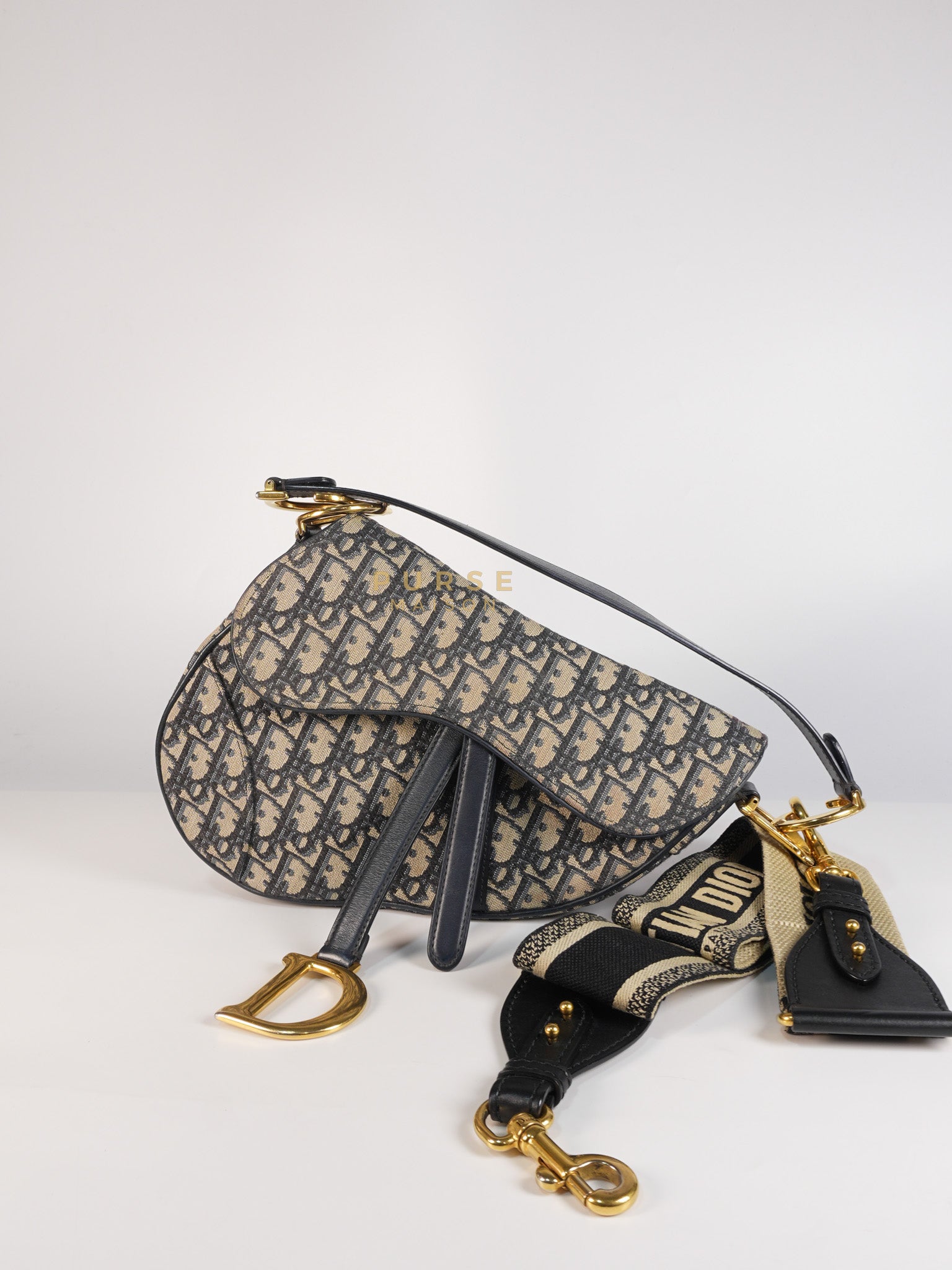 Saddle Medium Blue Oblique Jacquard with Black Dior Strap | Purse Maison Luxury Bags Shop