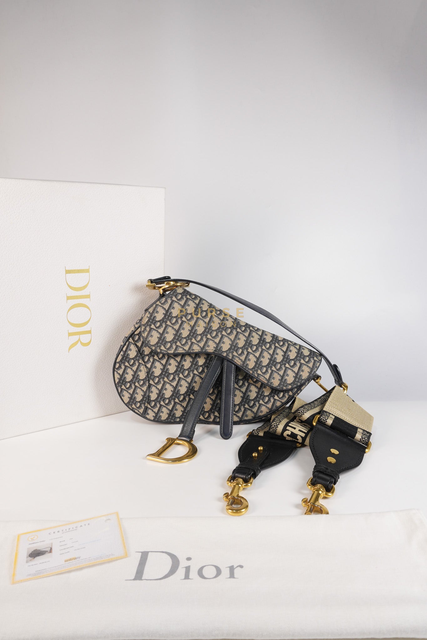 Saddle Medium Blue Oblique Jacquard with Black Dior Strap | Purse Maison Luxury Bags Shop