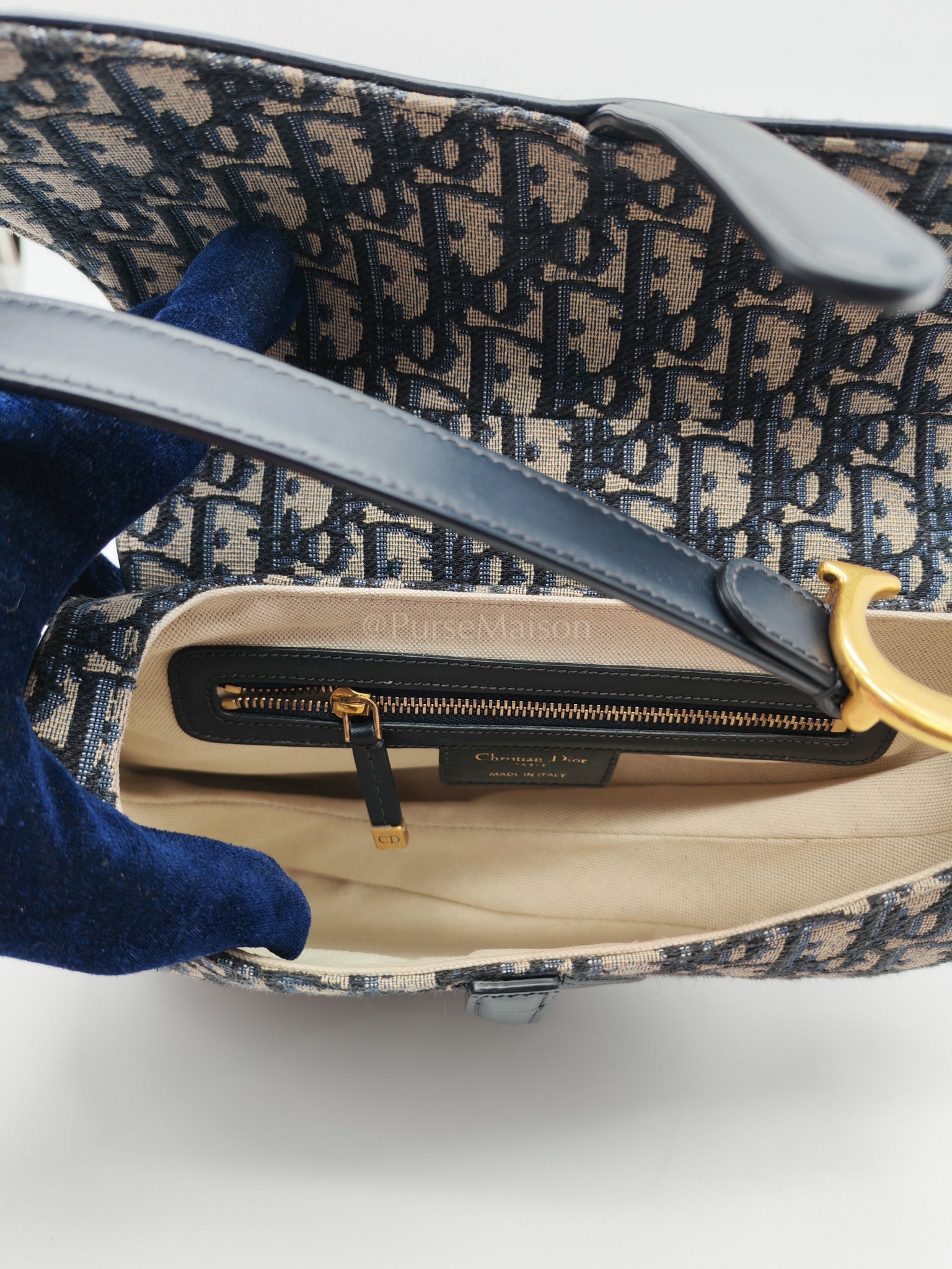 Saddle Medium in Blue Oblique Jacquard Canvas with Strap | Purse Maison Luxury Bags Shop