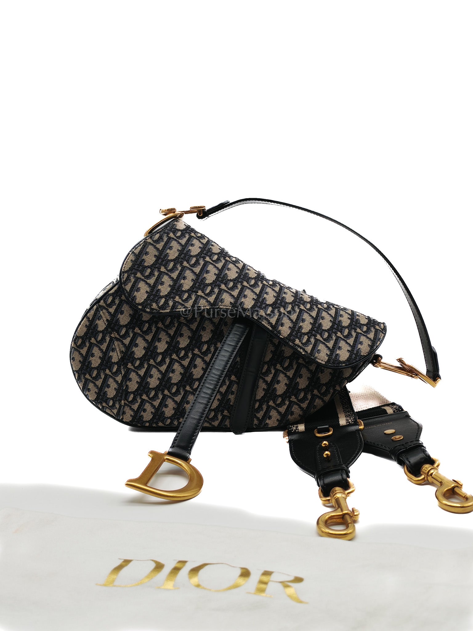 Saddle Medium in Blue Oblique Jacquard Canvas with Strap | Purse Maison Luxury Bags Shop