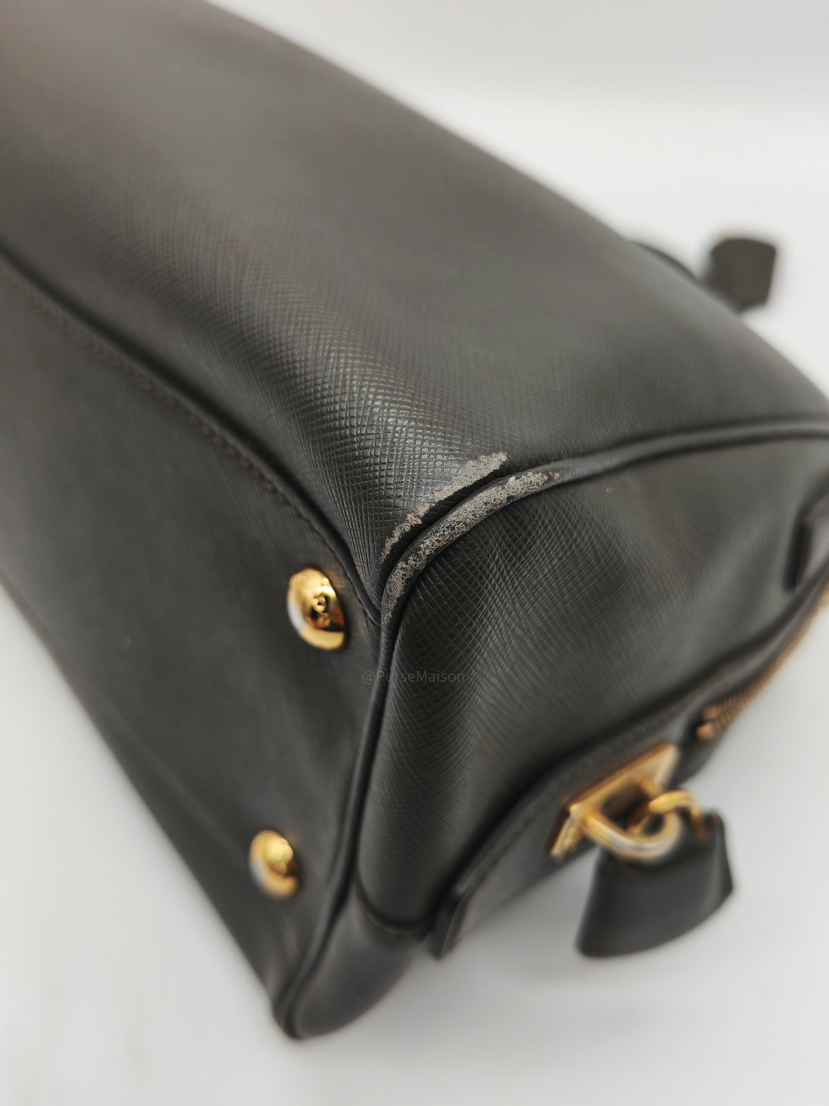 Prada Saffiano Lux Top Handle Bowler Bag in Olive Green Saffiano Cuir Leather and Gold Hardware