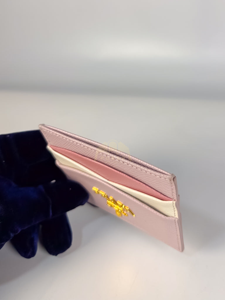 Saffiano Lux Card Holder in Light Pink Leather & Gold Hardware | Purse Maison Luxury Bags Shop